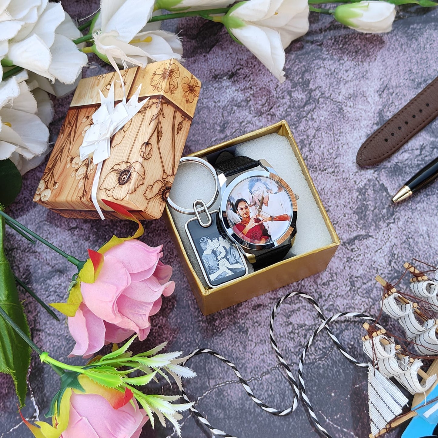 Stainless Steel Keychain & Photo Watch Unisex Combo