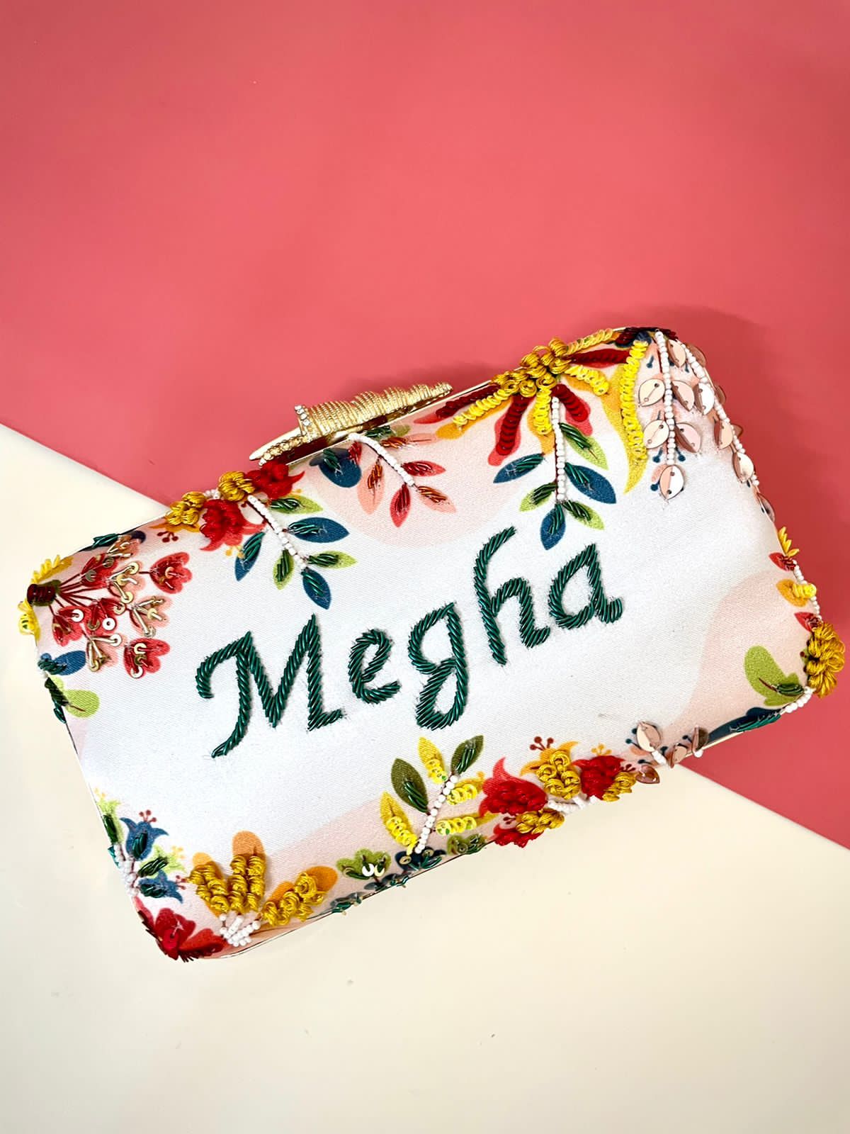 Rectangular Printed Embroidery Name Customization Clutch 3.0