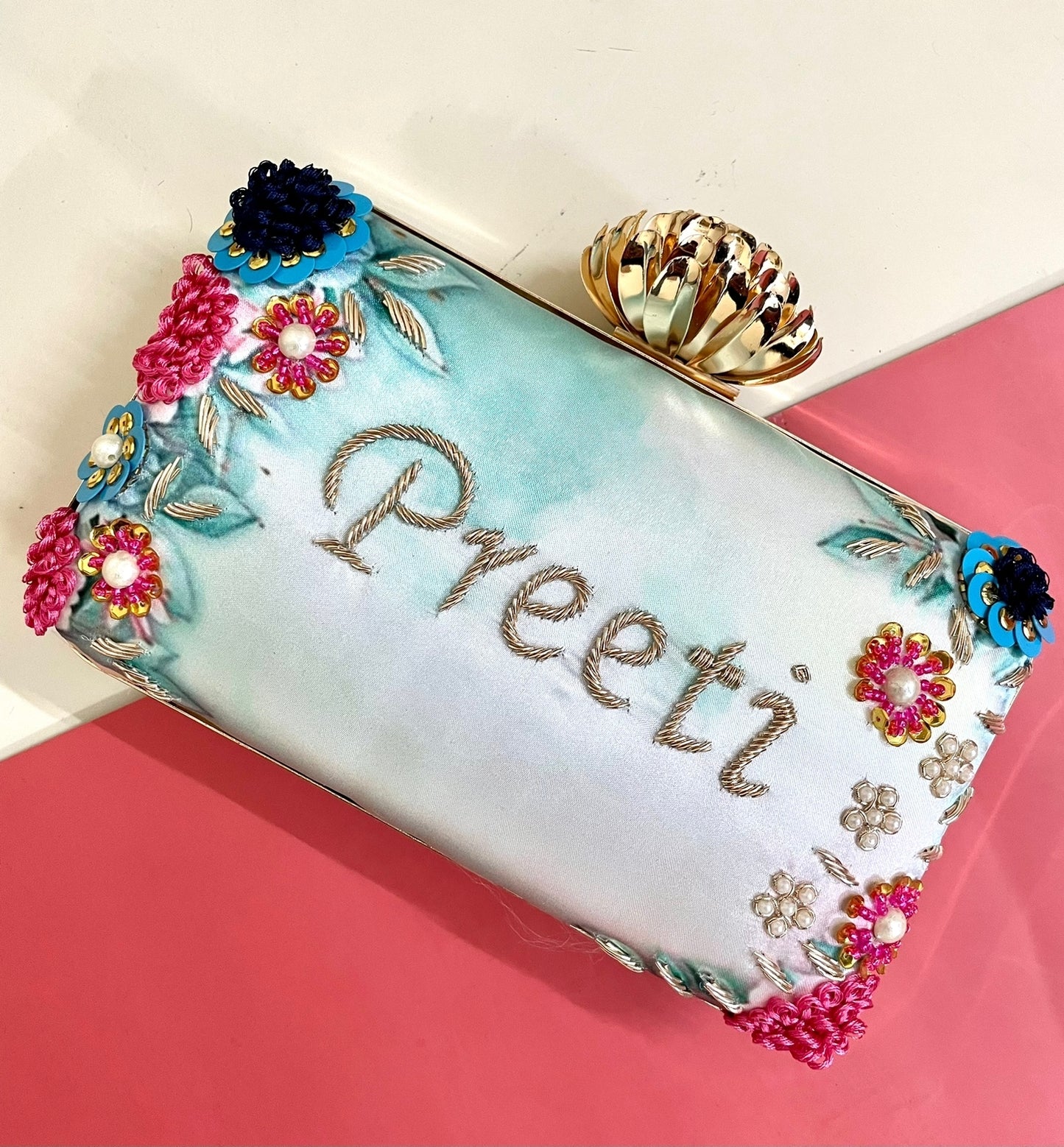 Rectangular Printed Embroidery Name Customization Clutch 4.0