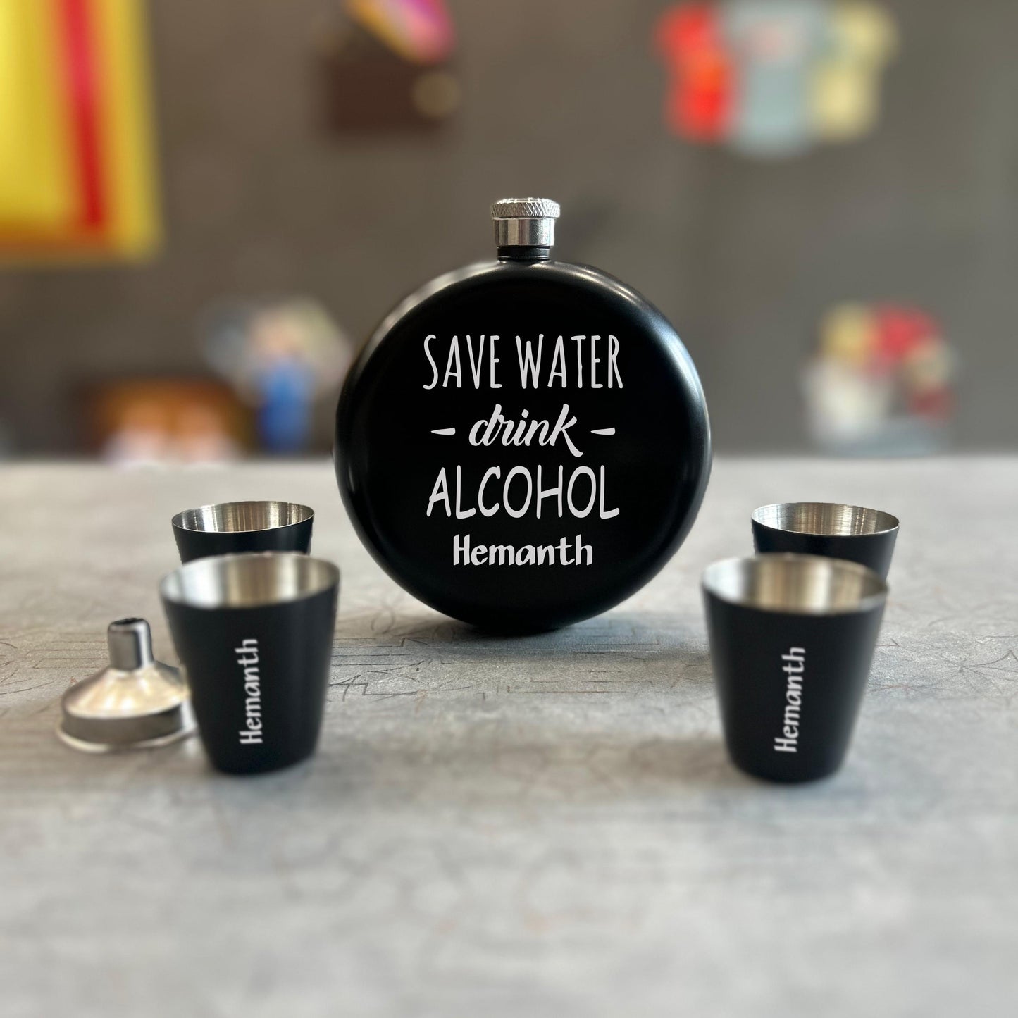 Round Hip Flask Set With 4 Shot Glasses & 1 Funnel
