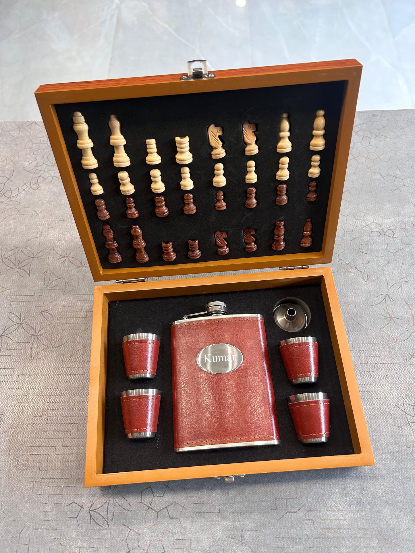 Chess Box Hip Flask Set