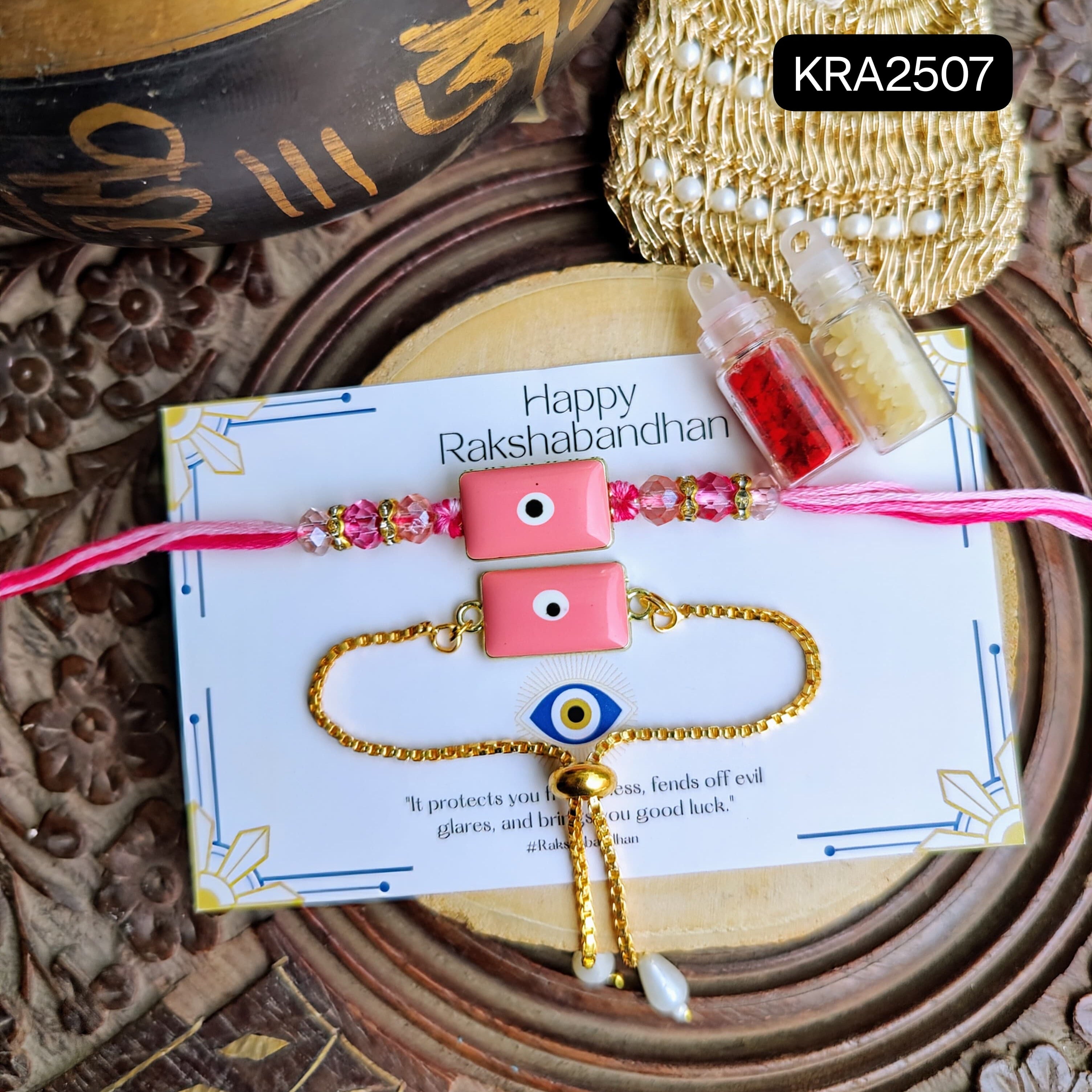 Colorful Evil Eye Rakhi & Bracelet Set (KRA2507)