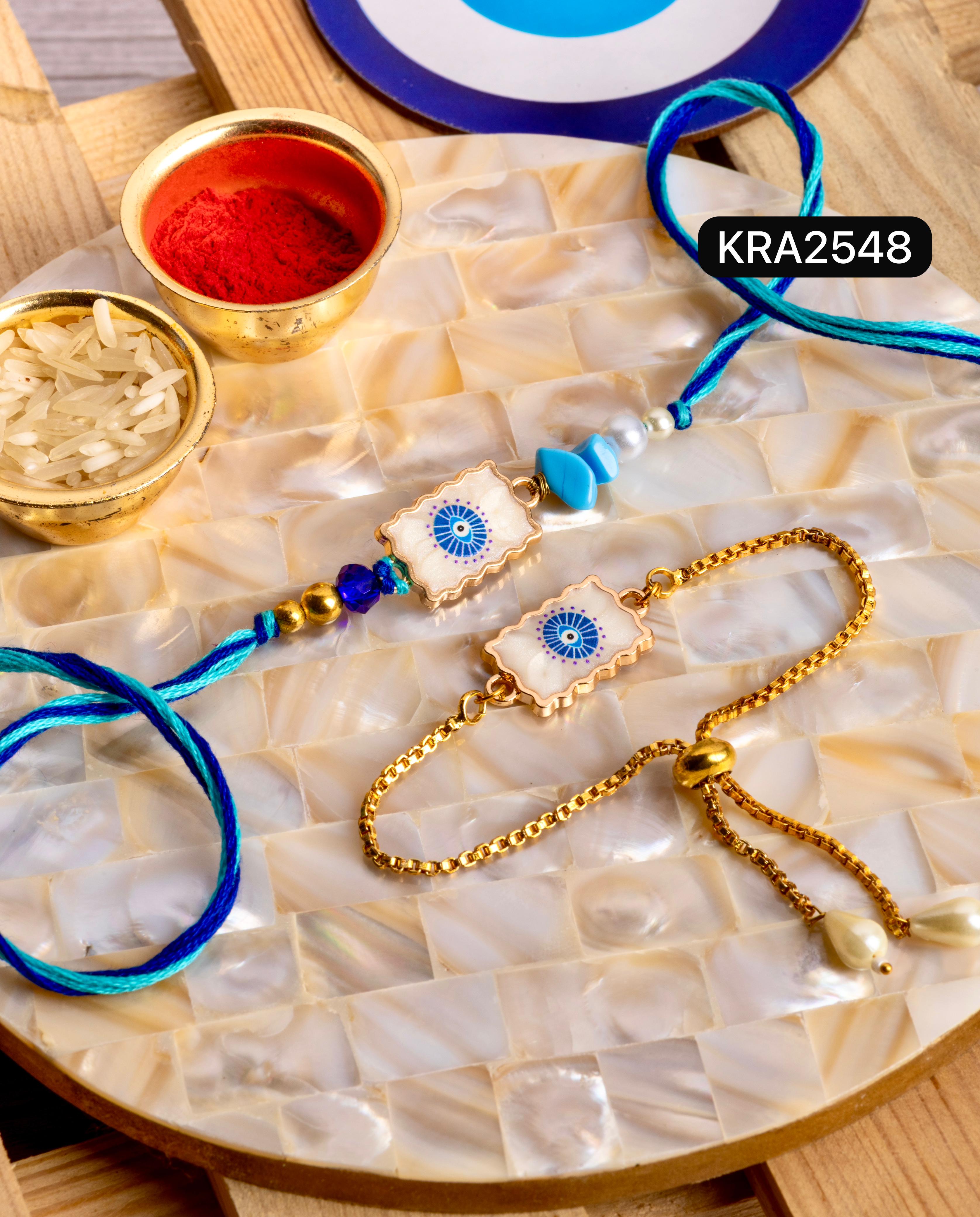 Mother Of Pearl Evil Eye Rakhi & Bracelet Set (KRA2548)