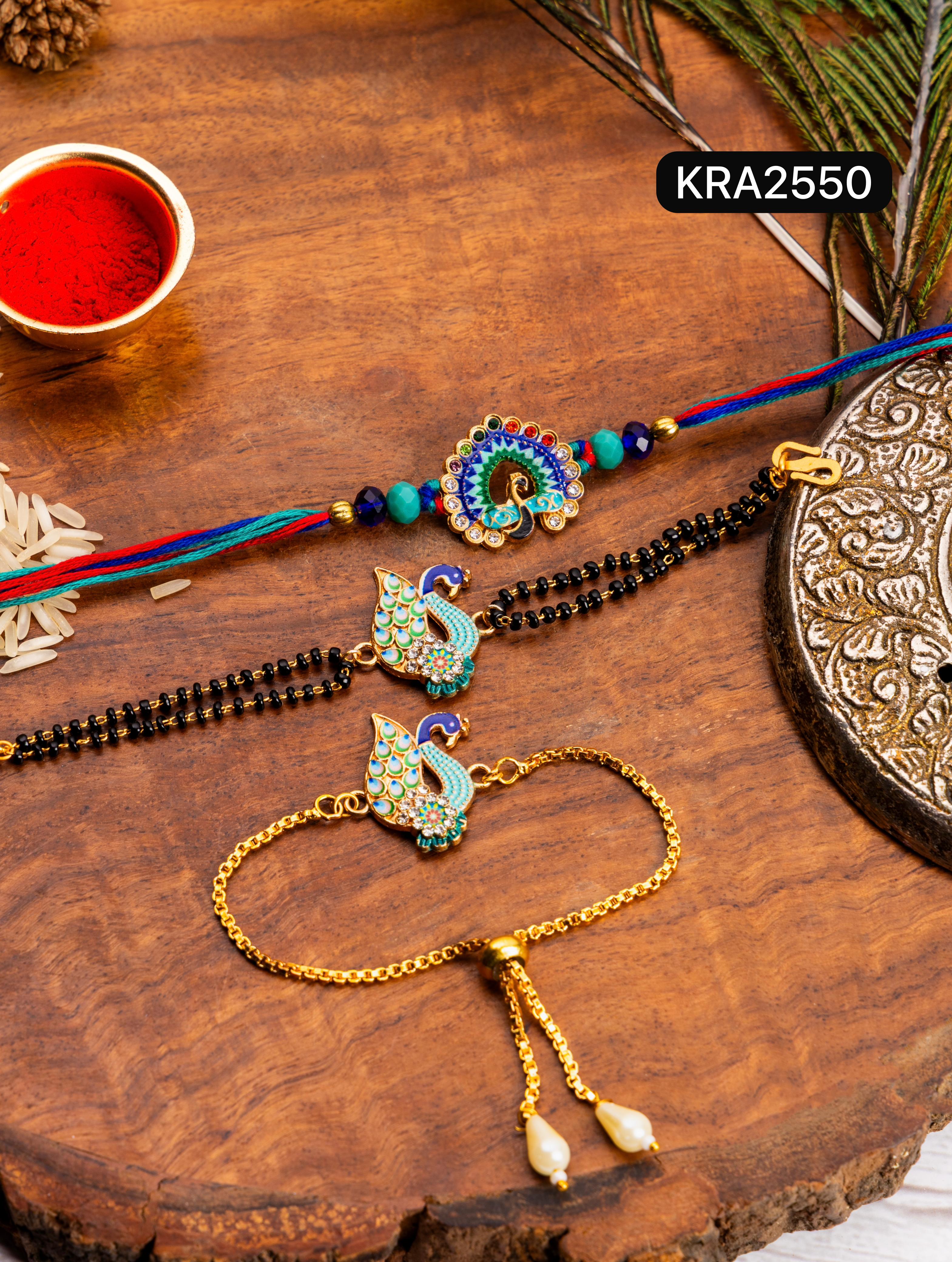 Peacock Meenakari Stones Work Bhai Rakhi & Bracelet Set For Bhabhi (KRA2550)