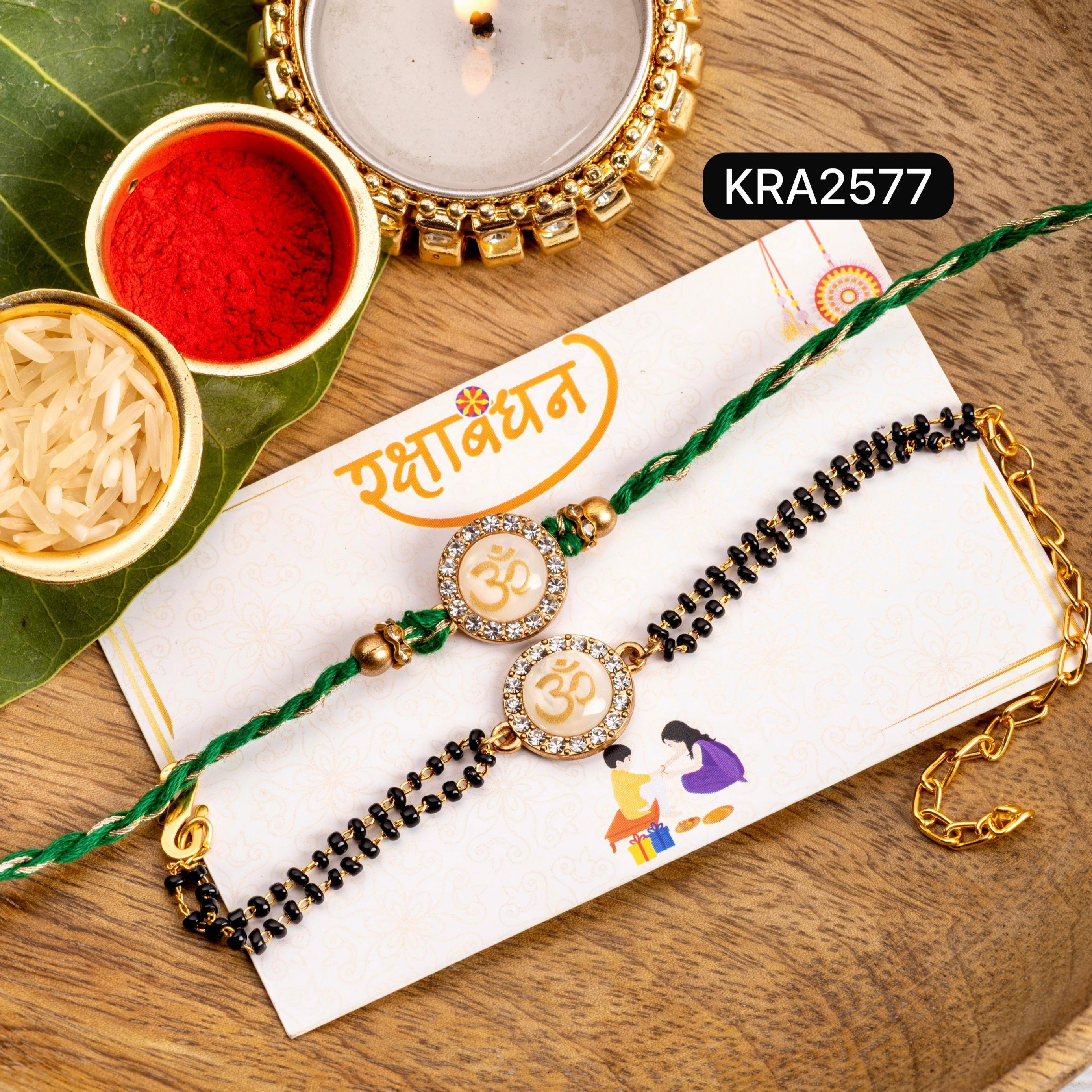 Monalisa Stone OM Embellished Hand Braided Rakhi & Bracelet Set (KRA2577)