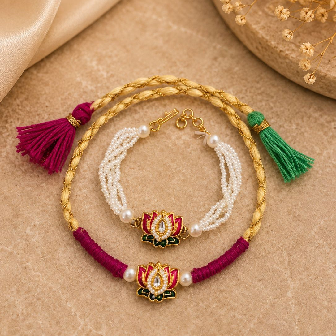 Heavy Tassel Lotus Couple Rakhi Set