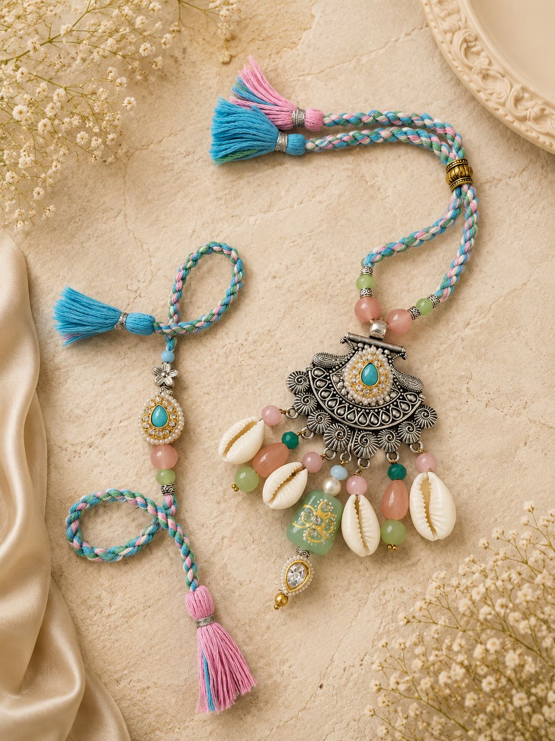Pastel Boho Bhaiya Bhabhi Heavy Rakhi Set