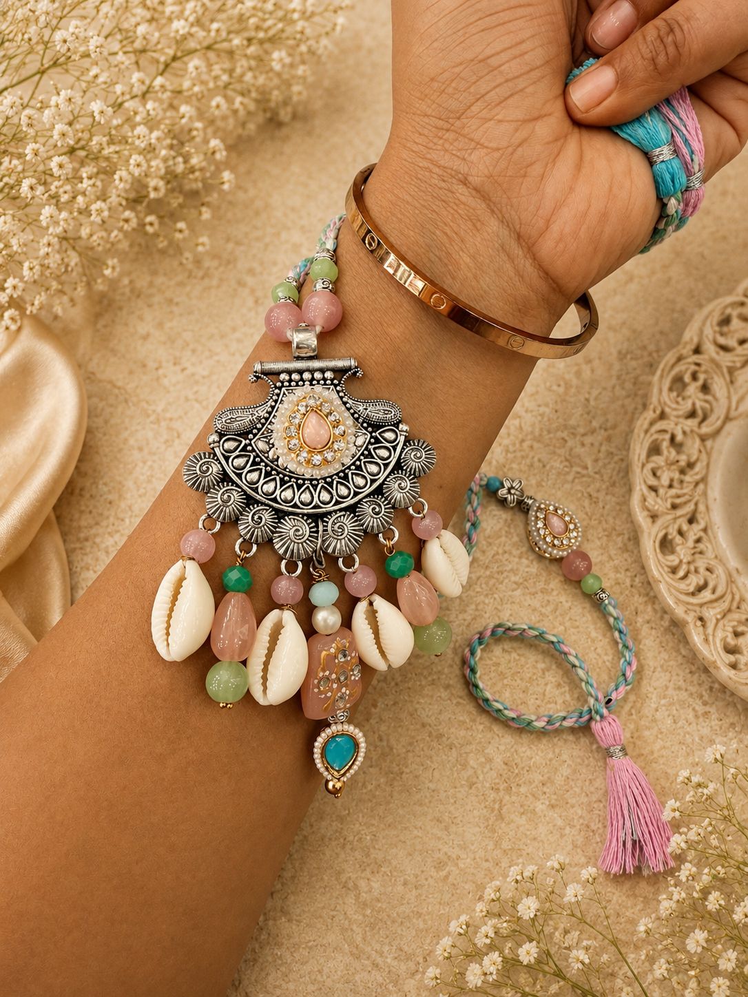 Pastel Boho Bhaiya Bhabhi Heavy Rakhi Set