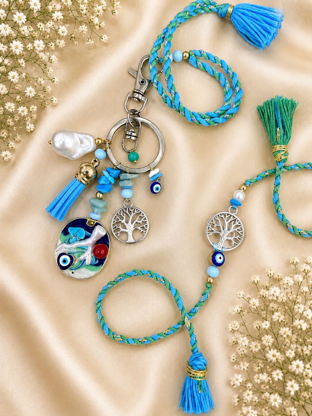 Tree Of Life & Evil Eye Rakhi With Purse Hanging Lumba Set