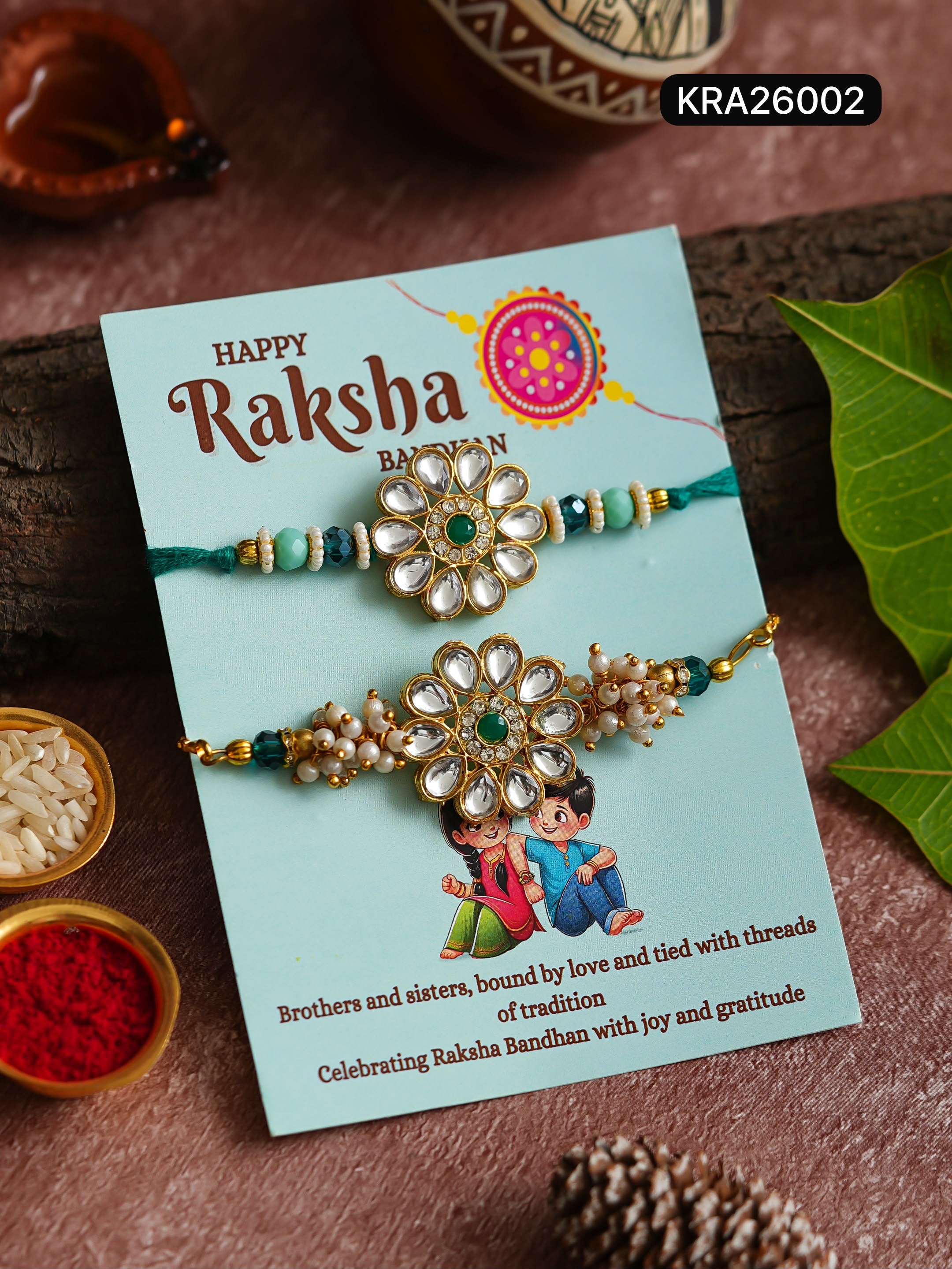 Big Flower Kundan Rakhi Set (KRA26002)