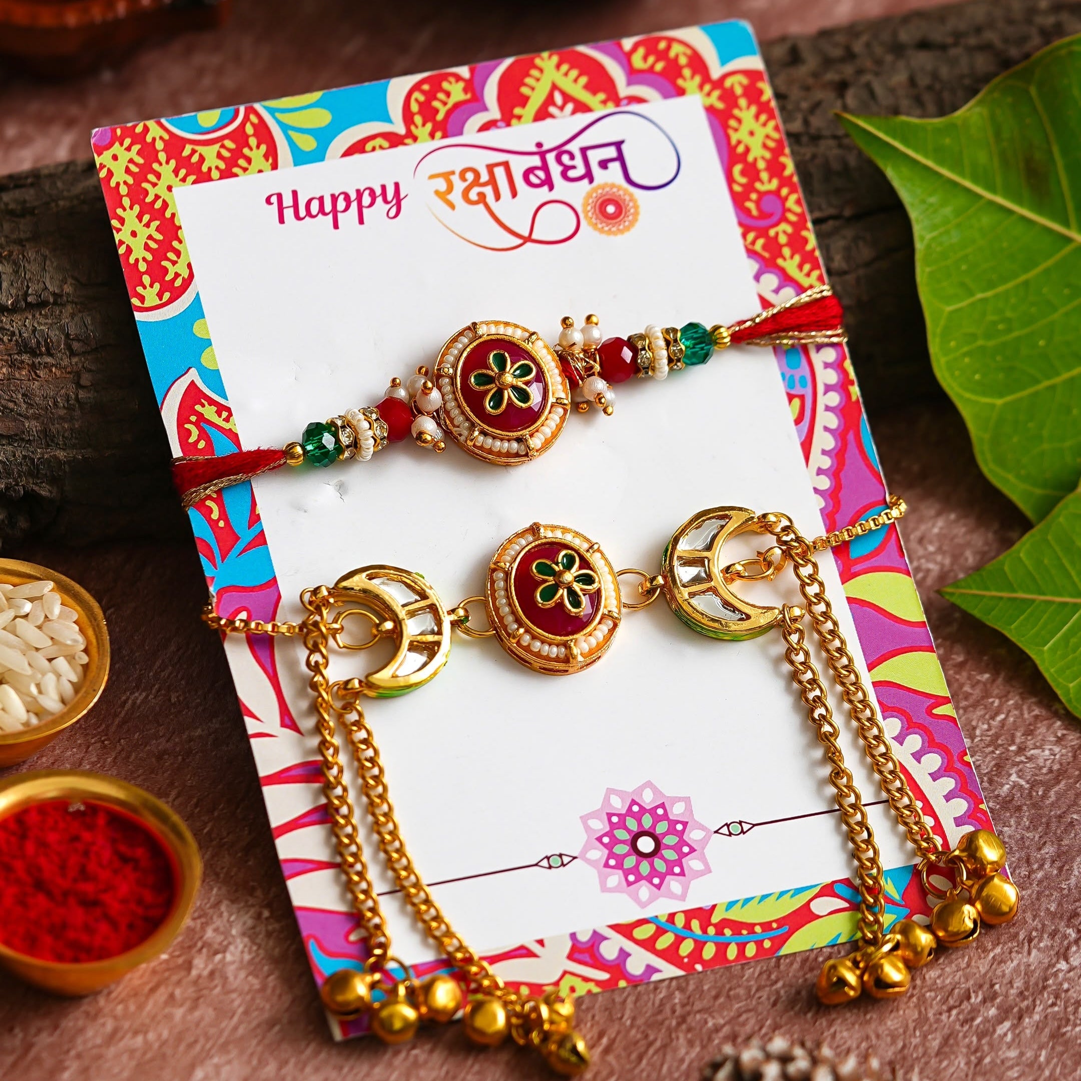 Kashmiri Style Jadau Meenakari Rakhi & Bracelet Set (KRA26005)