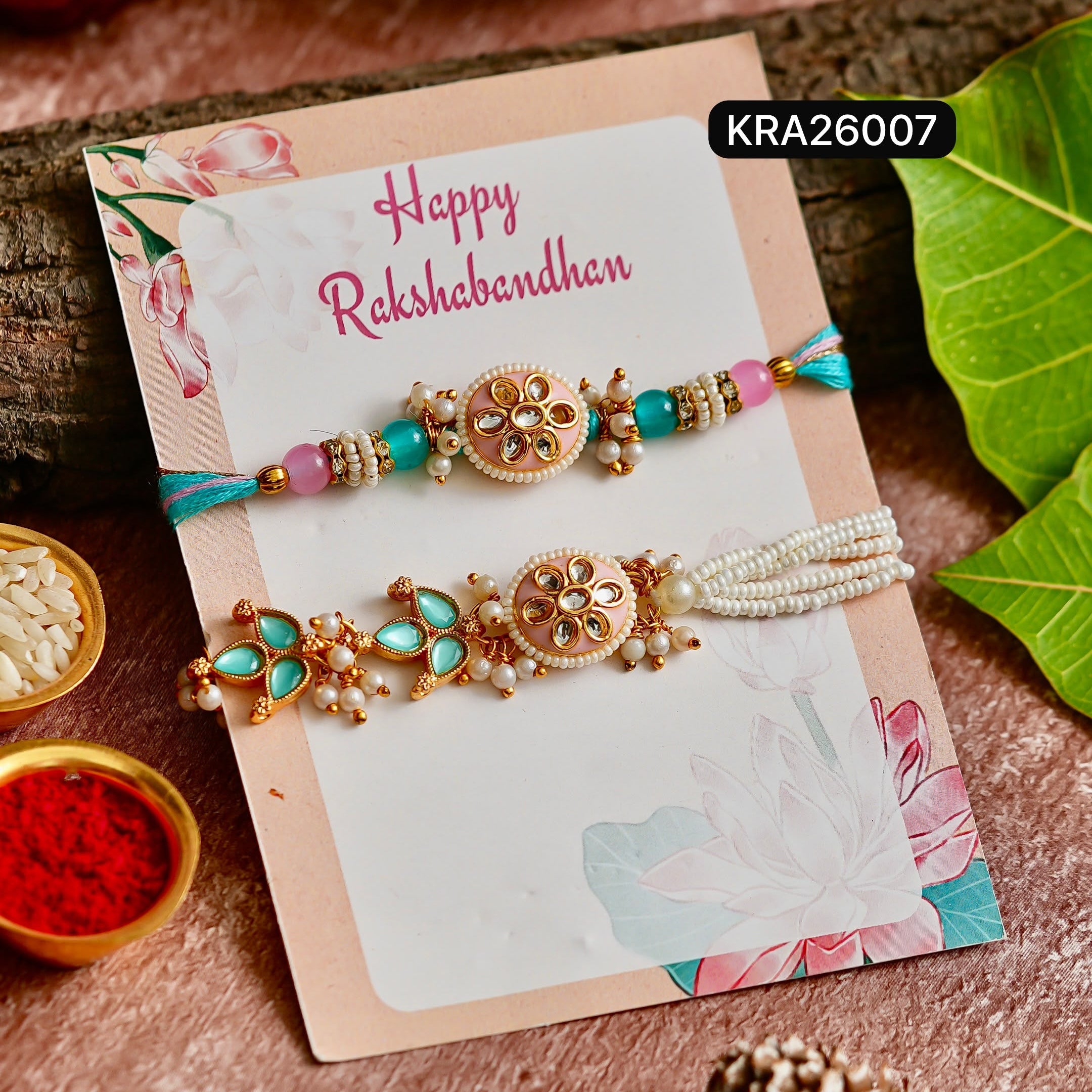 Jadau Meenakari Pearl Rakhi Bracelet Set (KRA26007)