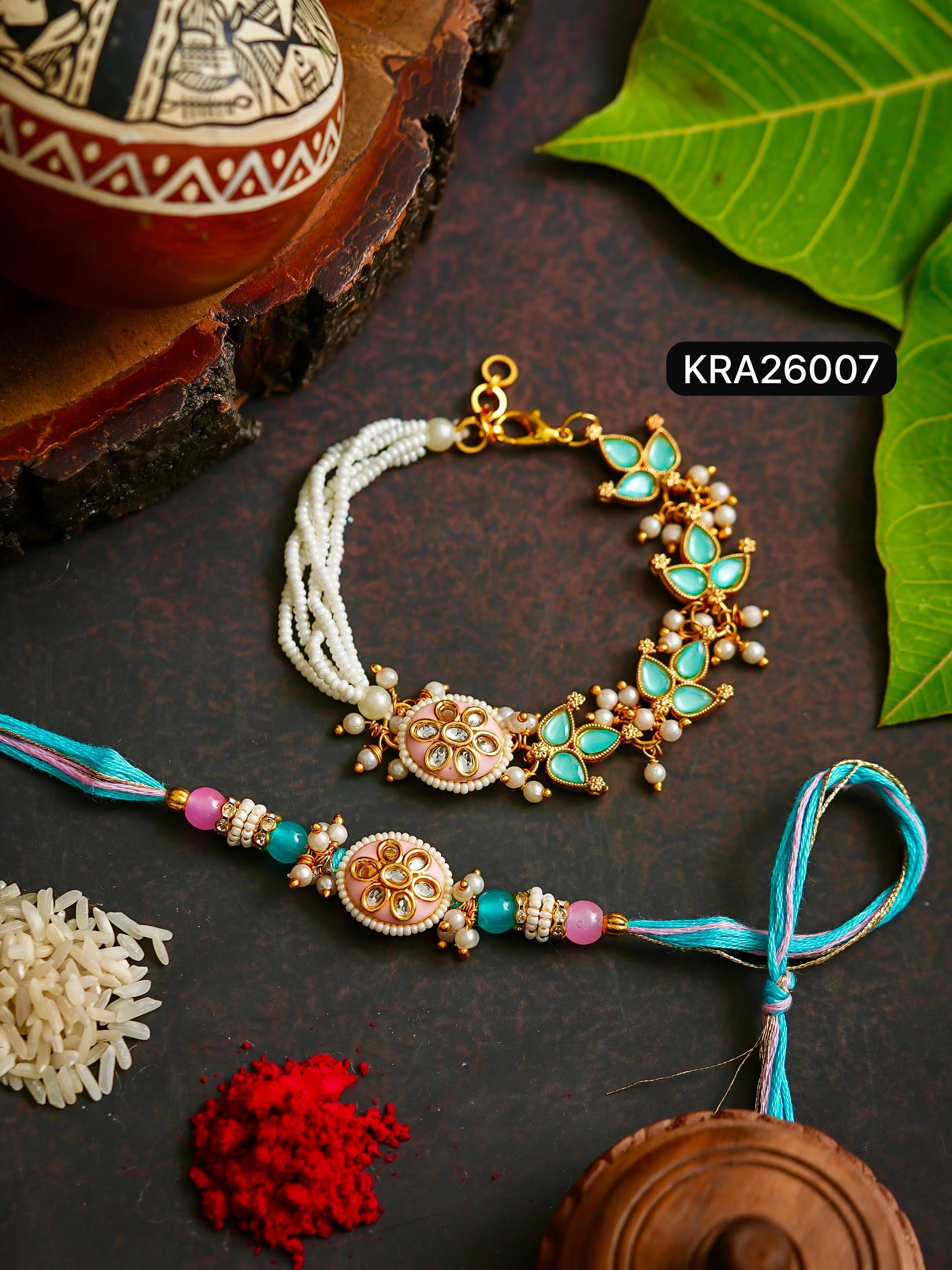 Jadau Meenakari Pearl Rakhi Bracelet Set (KRA26007)