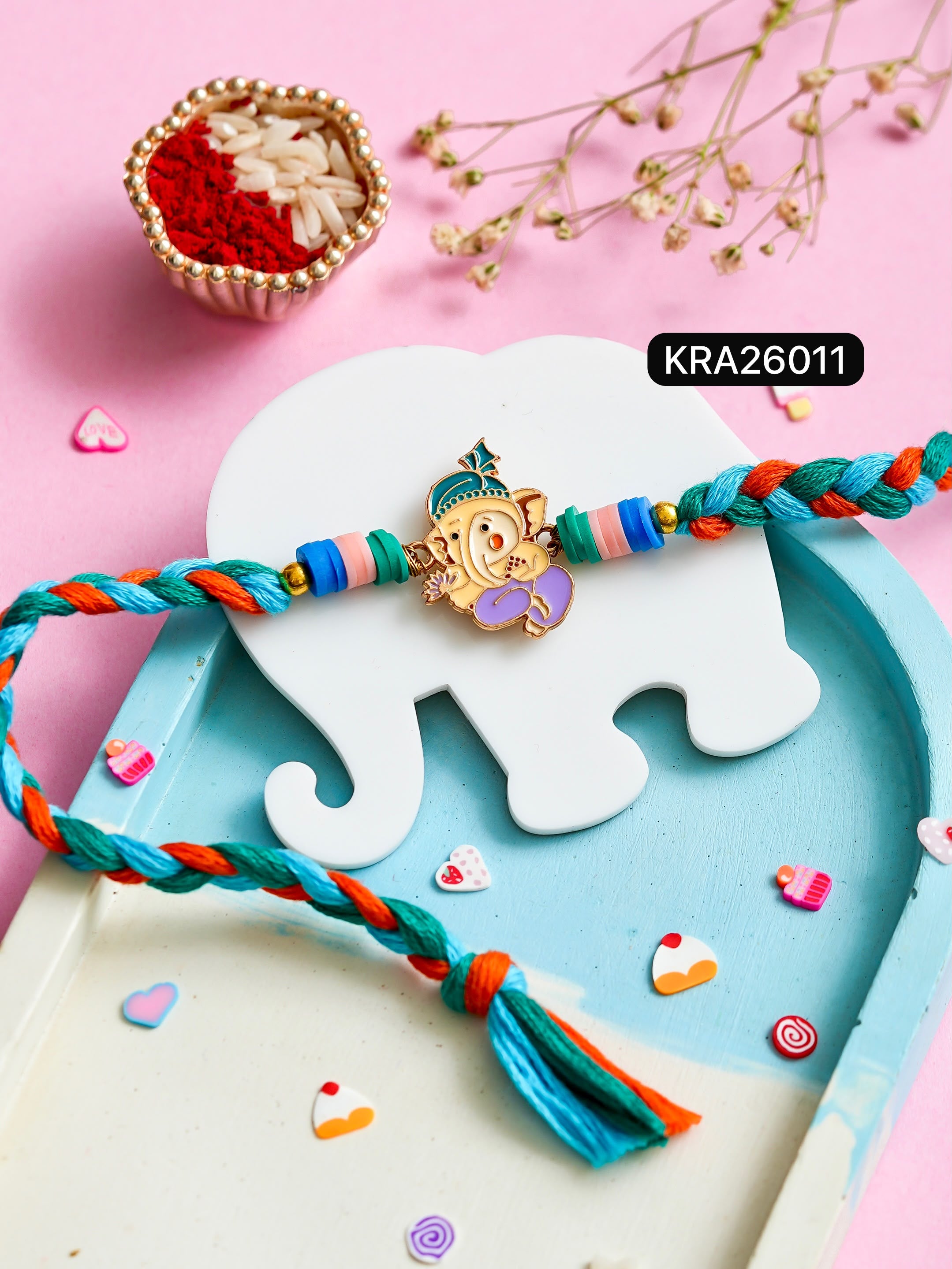 Ganpati Ji & Kanha Ji Hand Braided Rakhi (KRA26011)