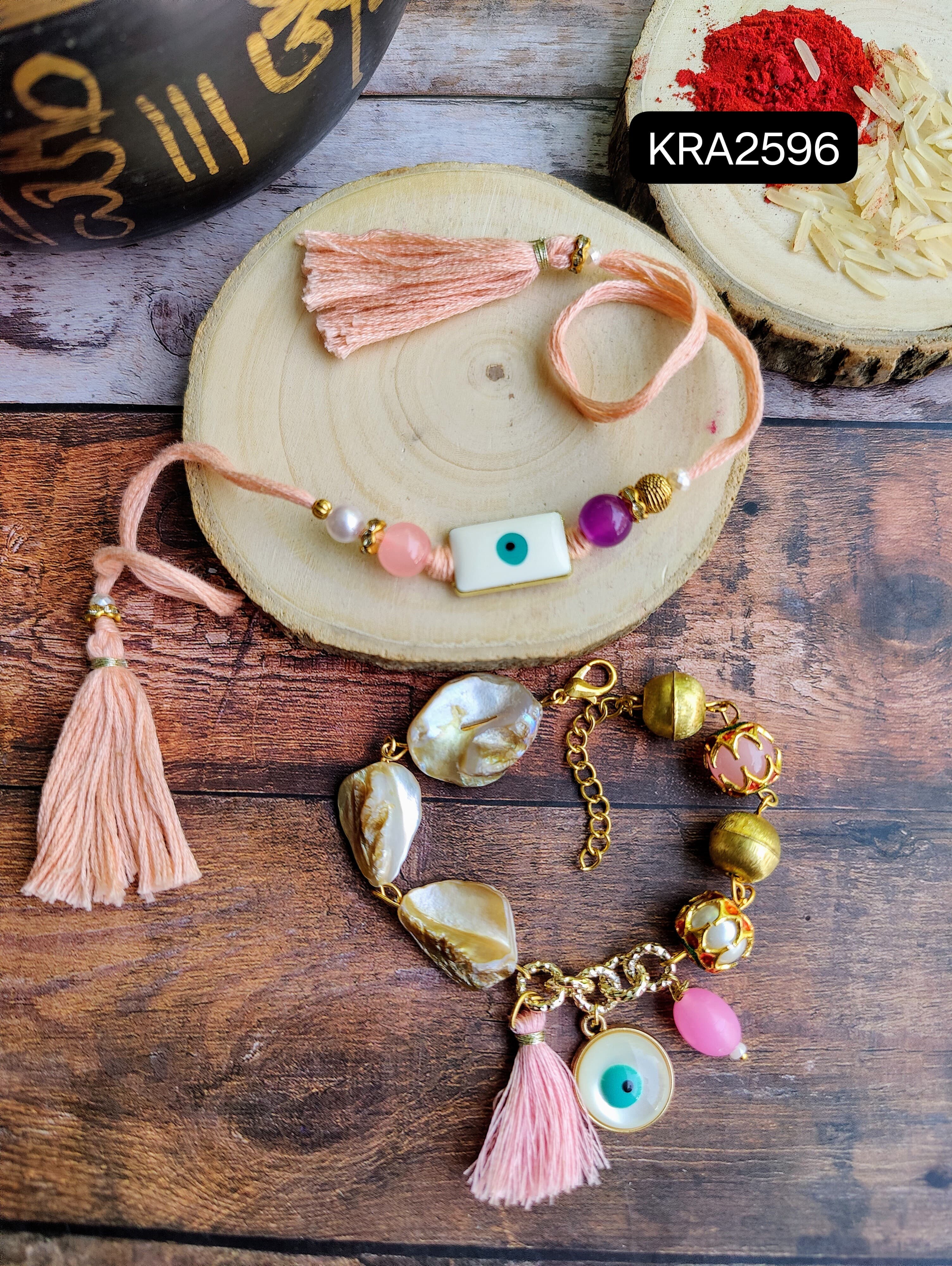 Evil Eye Monalisa Stone & Shells Fusion Rakhi & Bracelet Set (KRA2596)