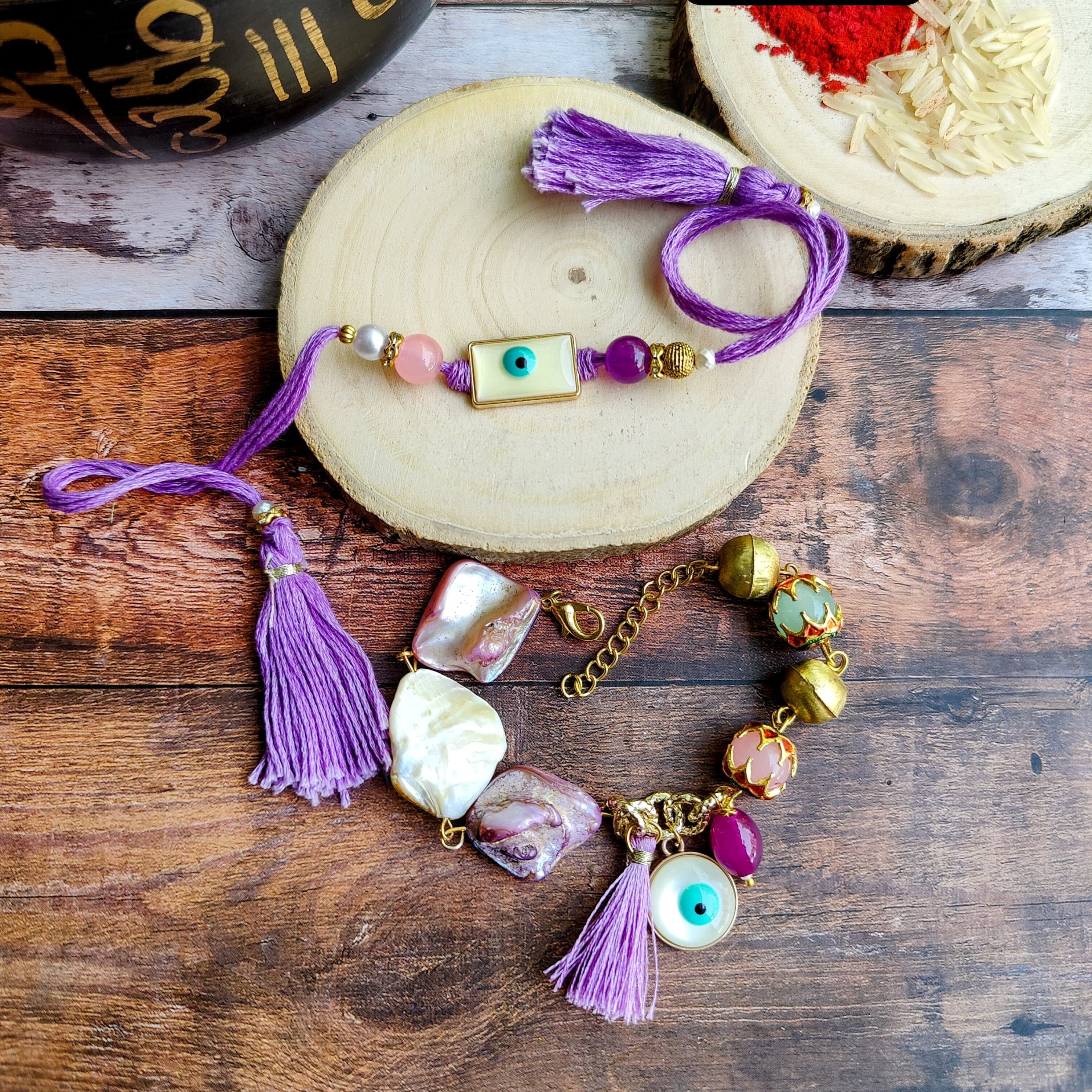 Evil Eye Monalisa Stone & Shells Fusion Rakhi & Bracelet Set (KRA2596)
