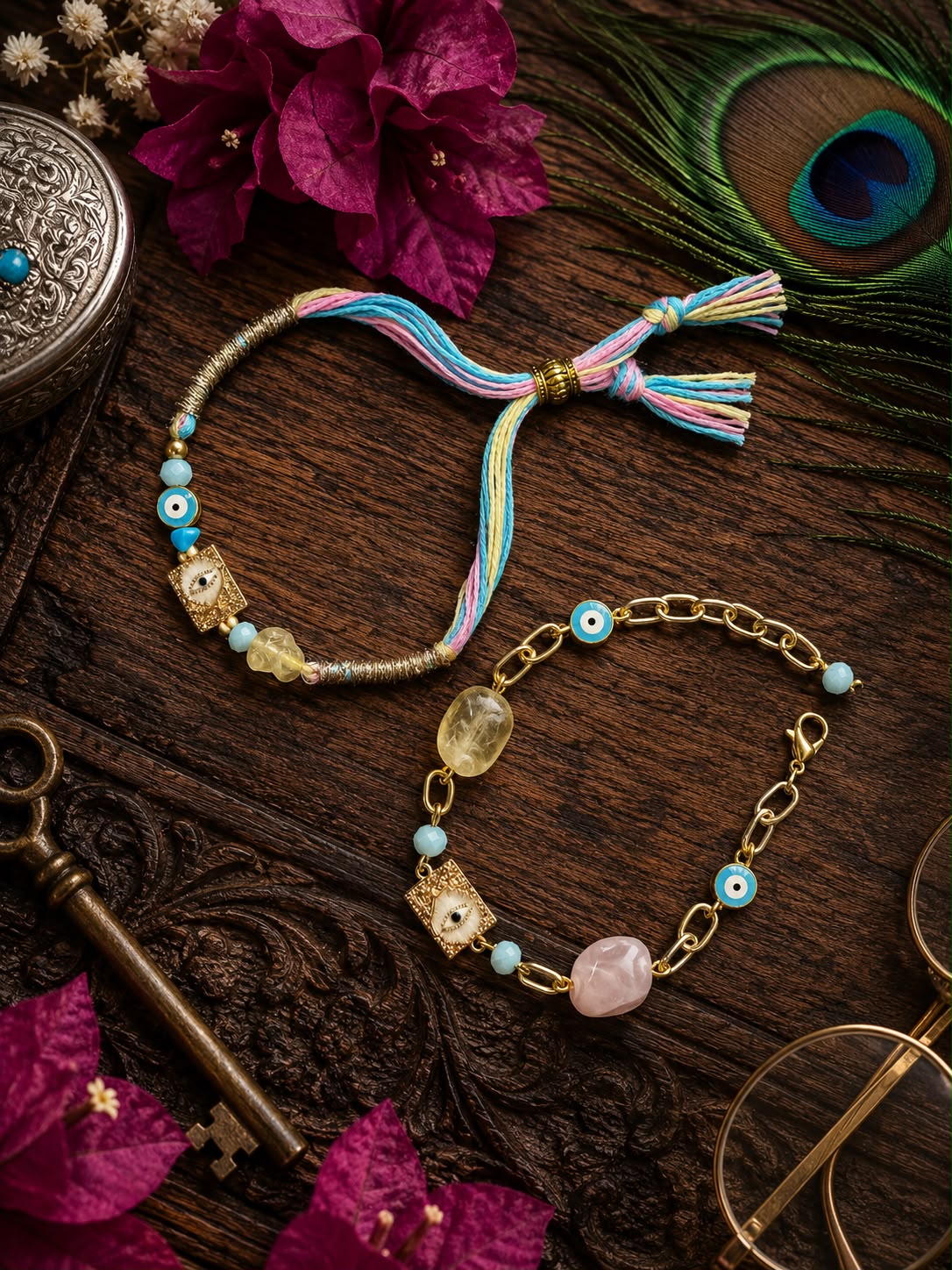 Pastel Evil Eye Rakhi & Bracelet Set