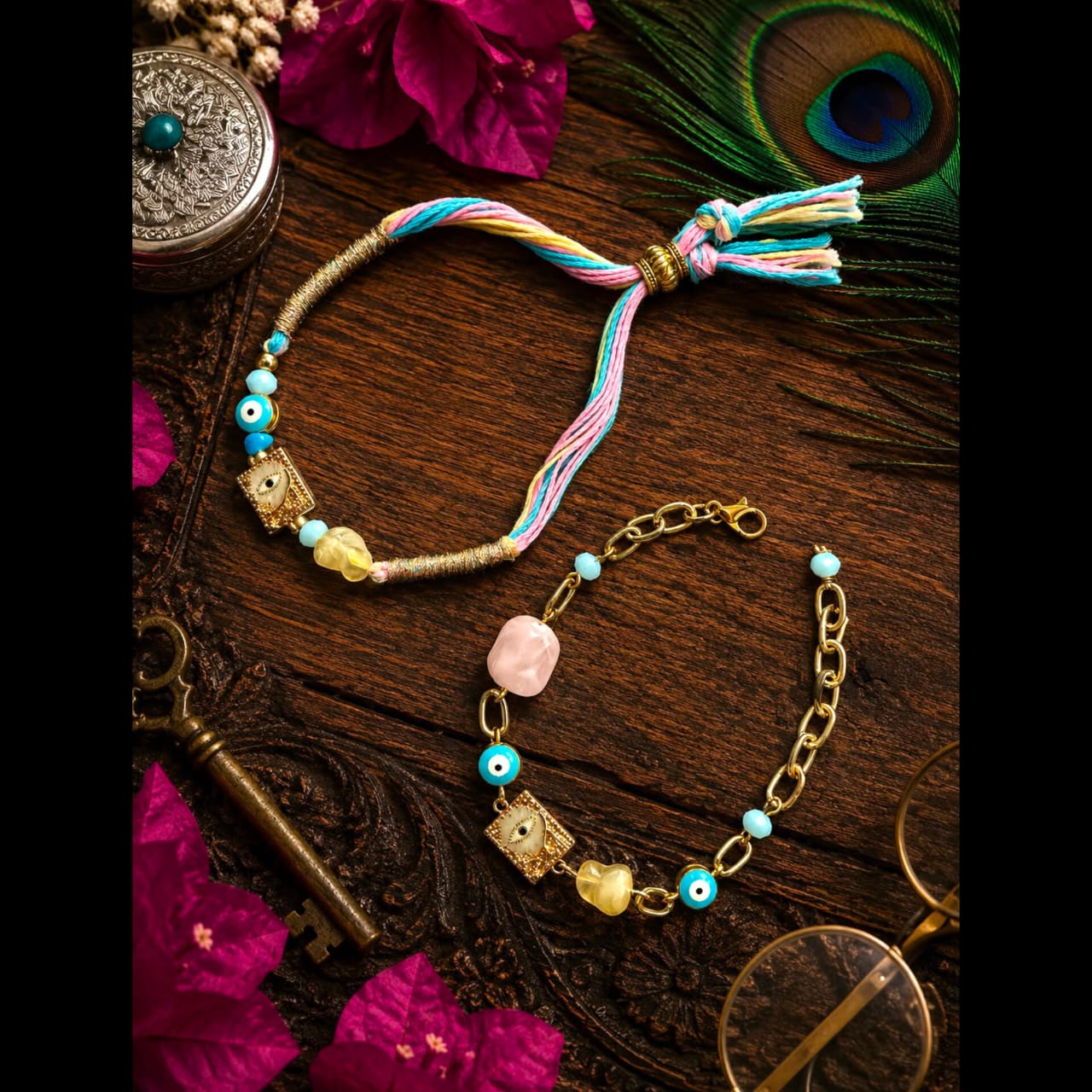 Pastel Evil Eye Rakhi & Bracelet Set