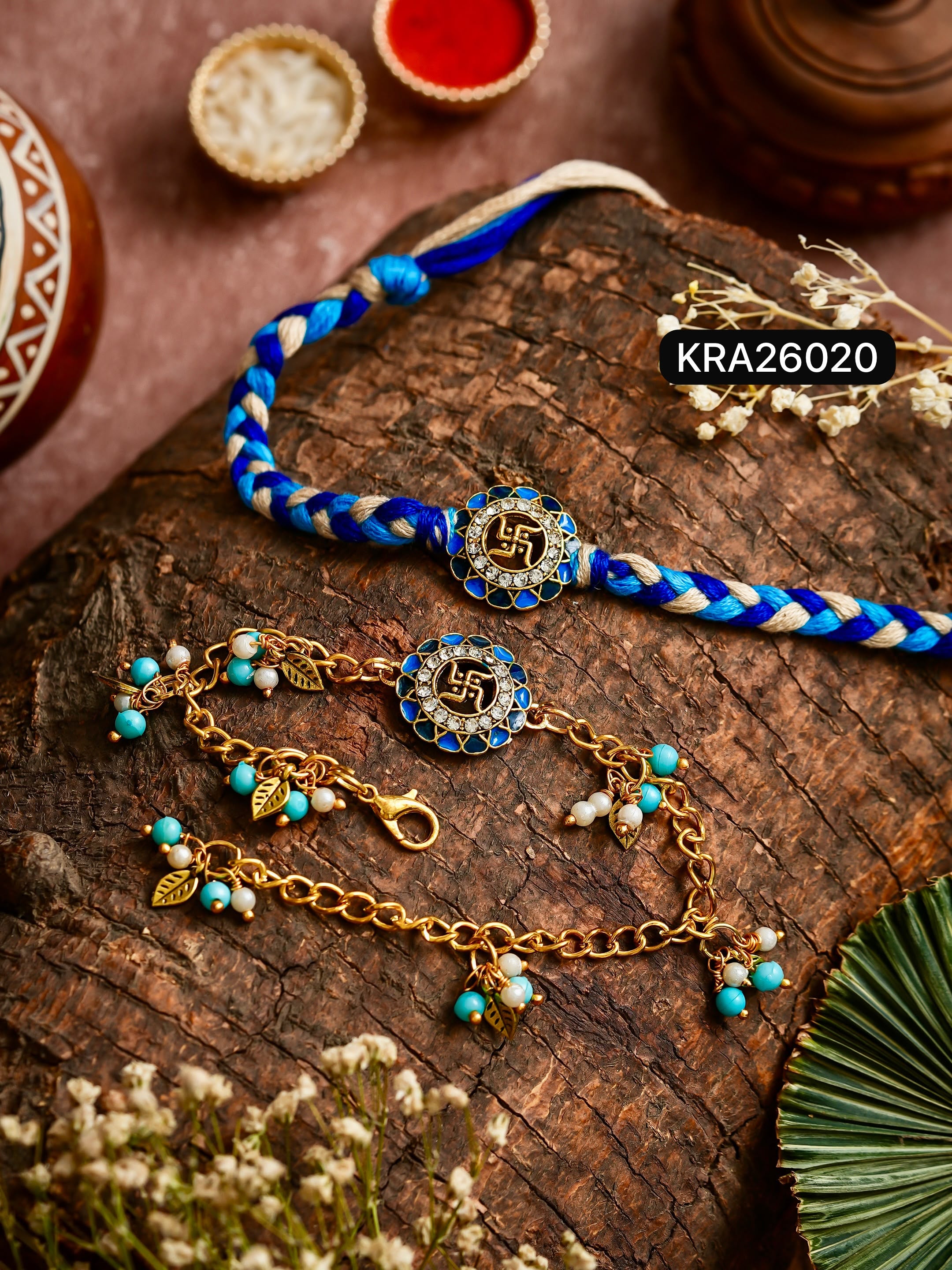 Meenakari Sakhiya Hand Braided Bhai Bhabhi Rakhi & Bracelet Set (KRA26020)