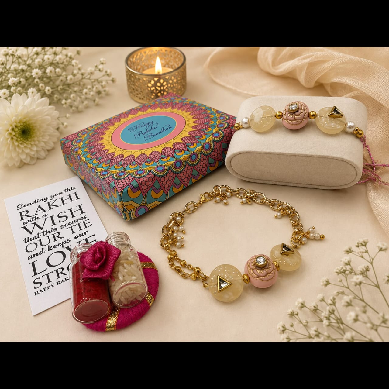 Floral Kundan Rakhi & Lumba Bracelet
