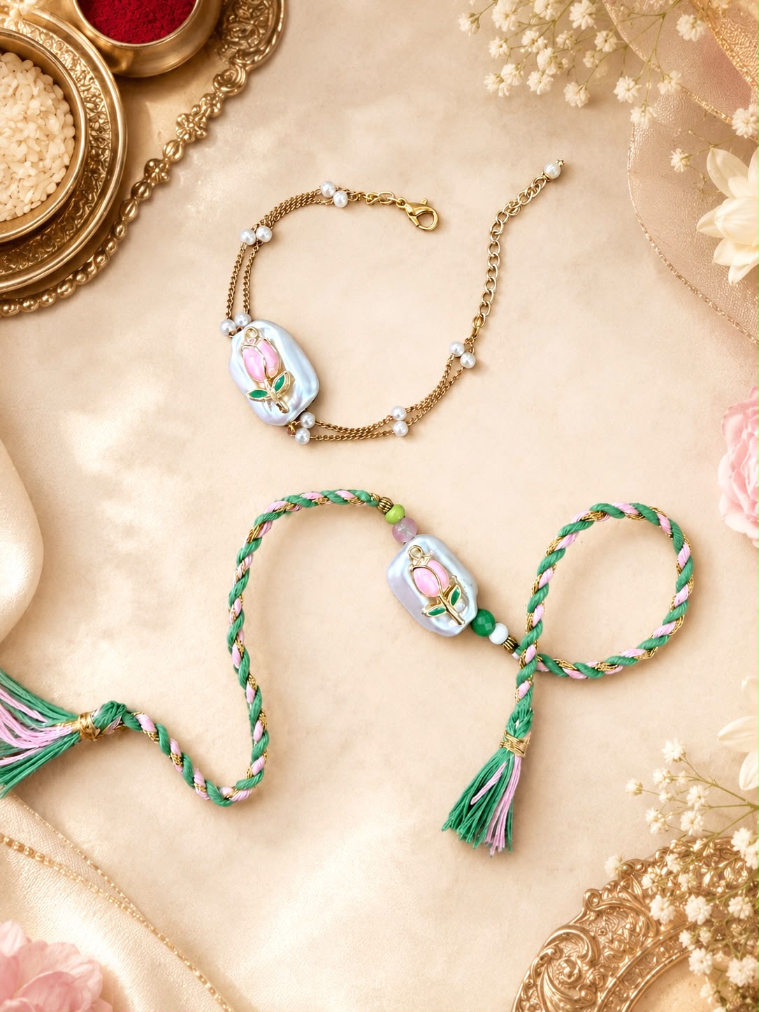 Rose Pearl Rakhi & Lumba Set