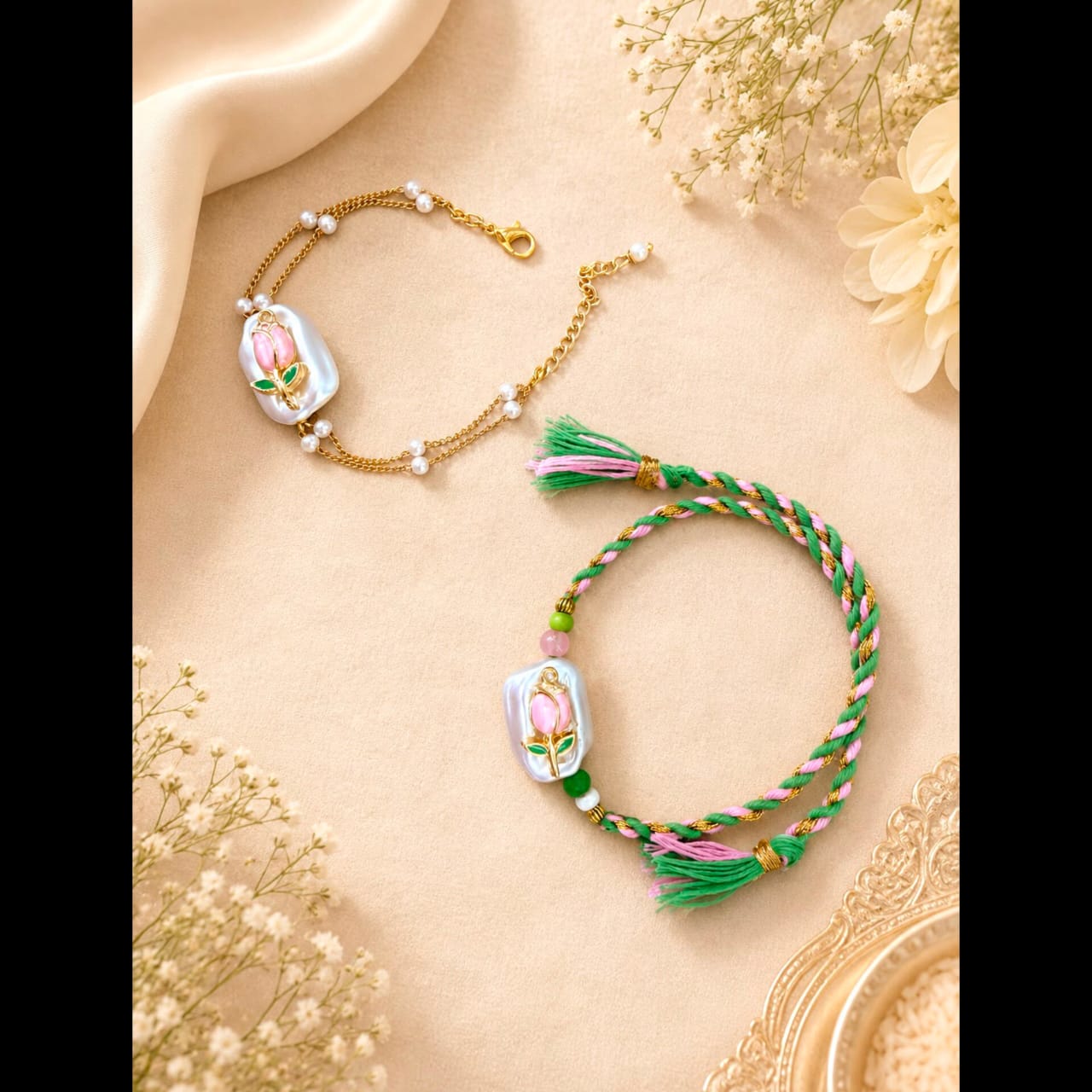 Rose Pearl Rakhi & Lumba Set