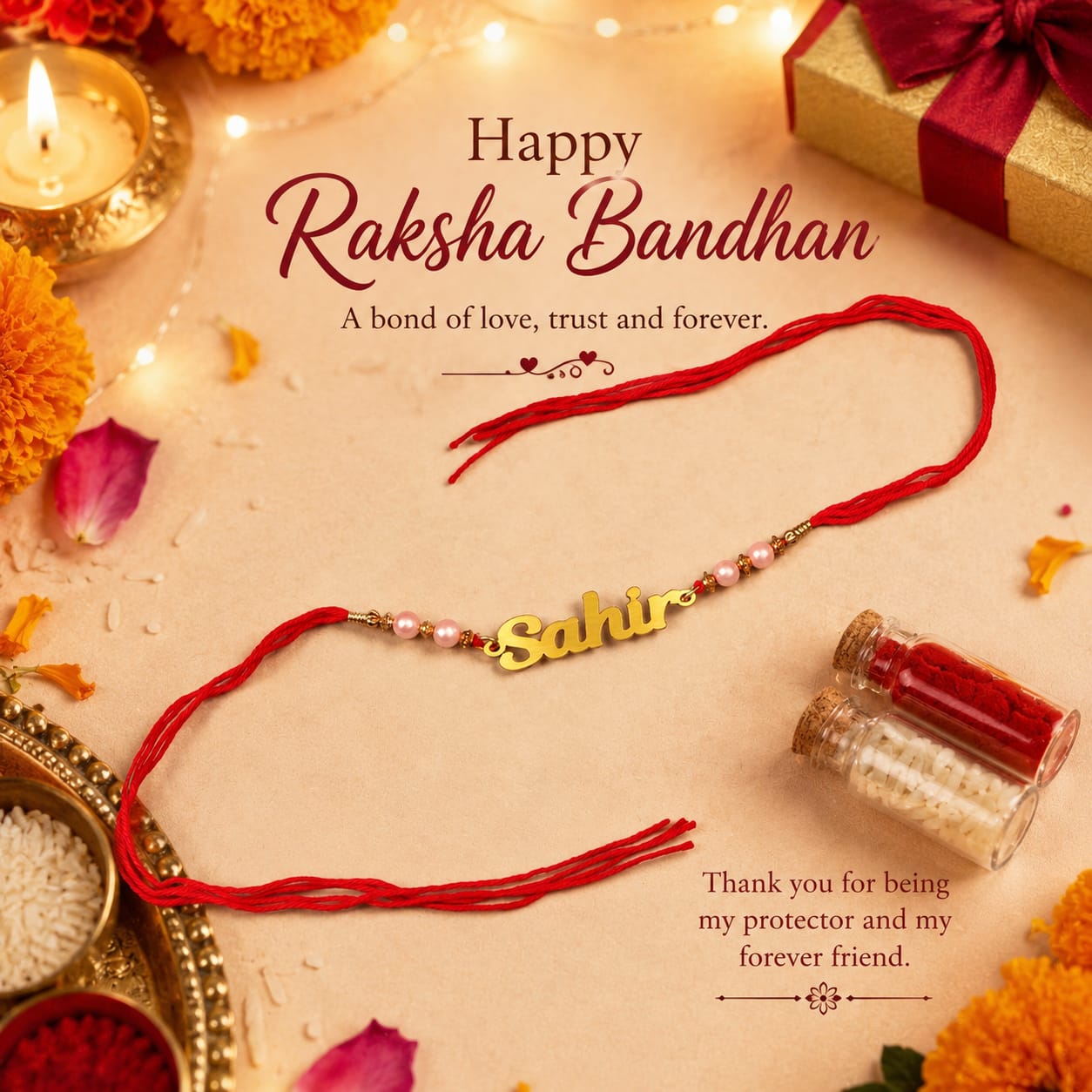 Metal Name Thread Rakhi With Moti