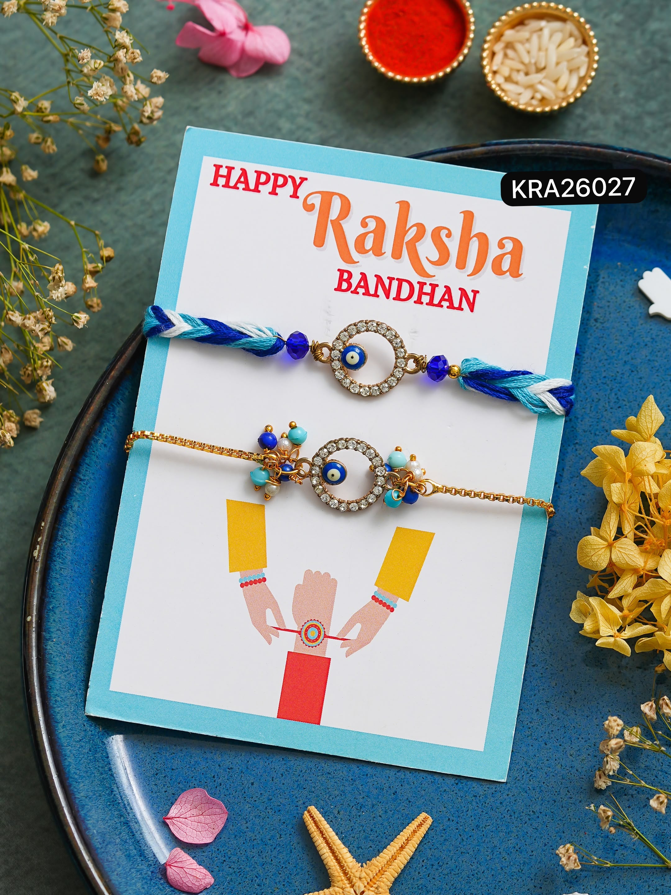 Evil Eye Hand Braided Rakhi & Bracelet Set (KRA26027)