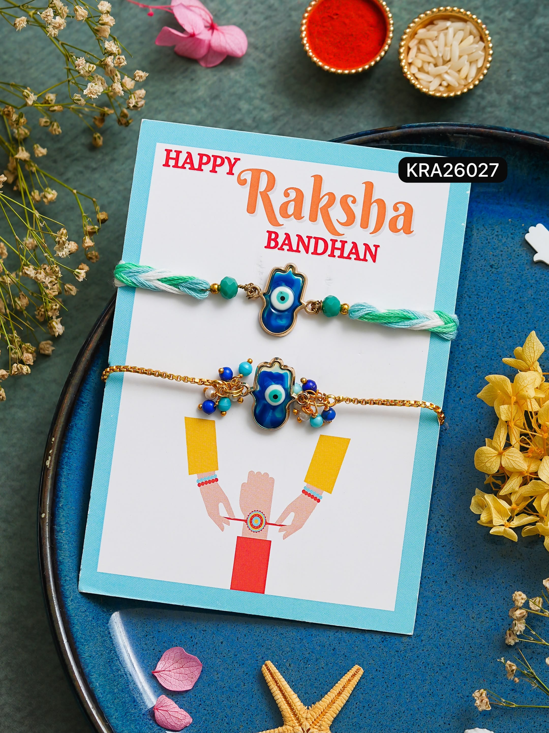 Evil Eye Hand Braided Rakhi & Bracelet Set (KRA26027)