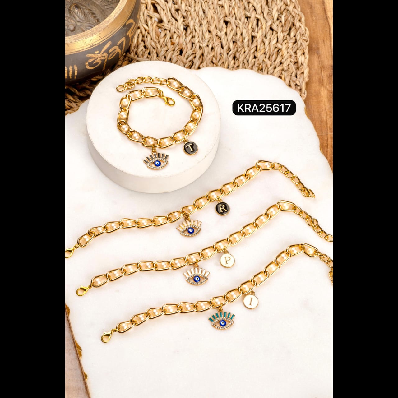 Trendy Metal Chain With Pearls Personalized Bracelets With Evil Eye Charm (KRA25617)