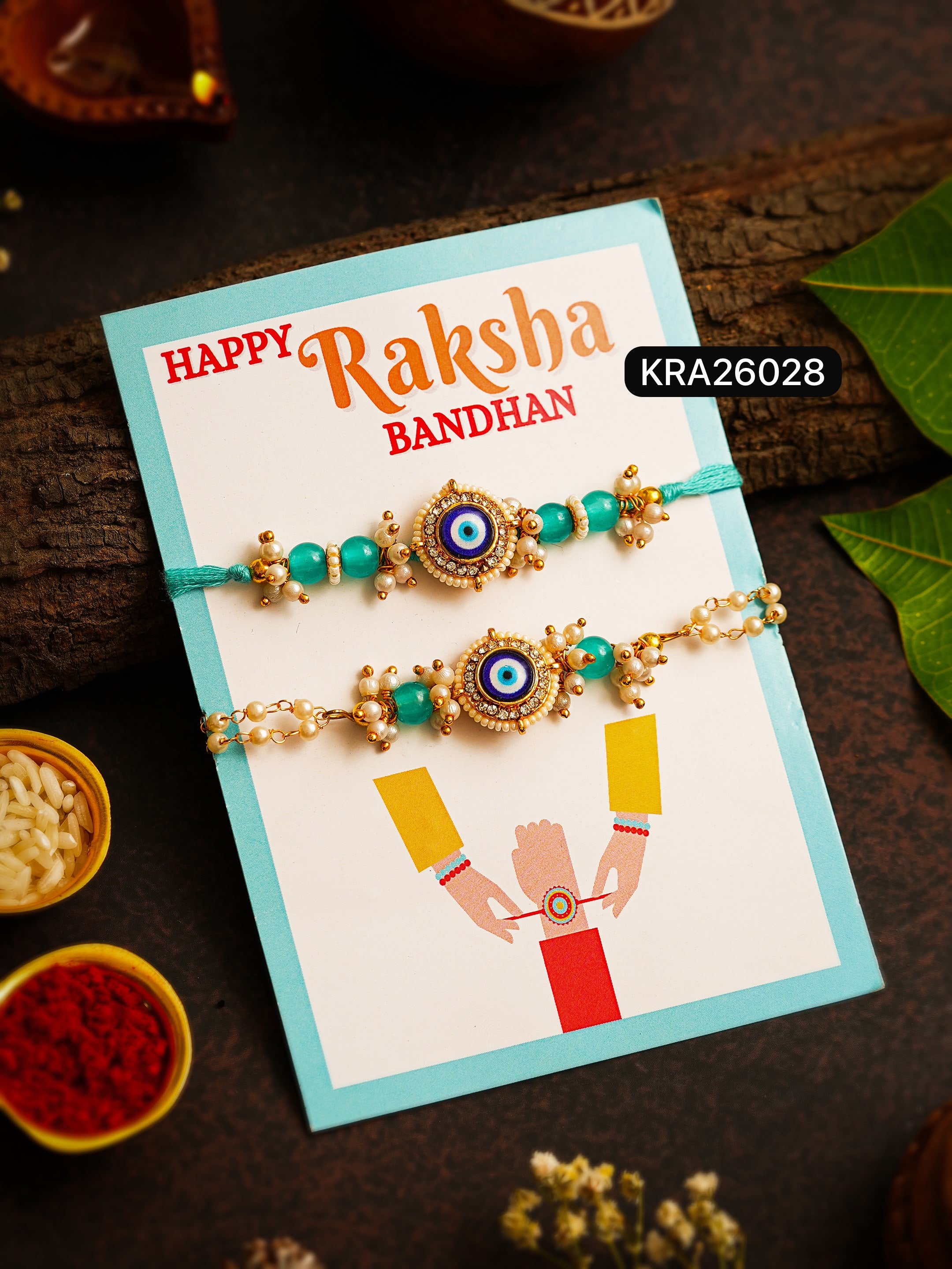 Evil Eye Rakhi & Bracelet Set for Bhai & Bhabhi (KRA26028)