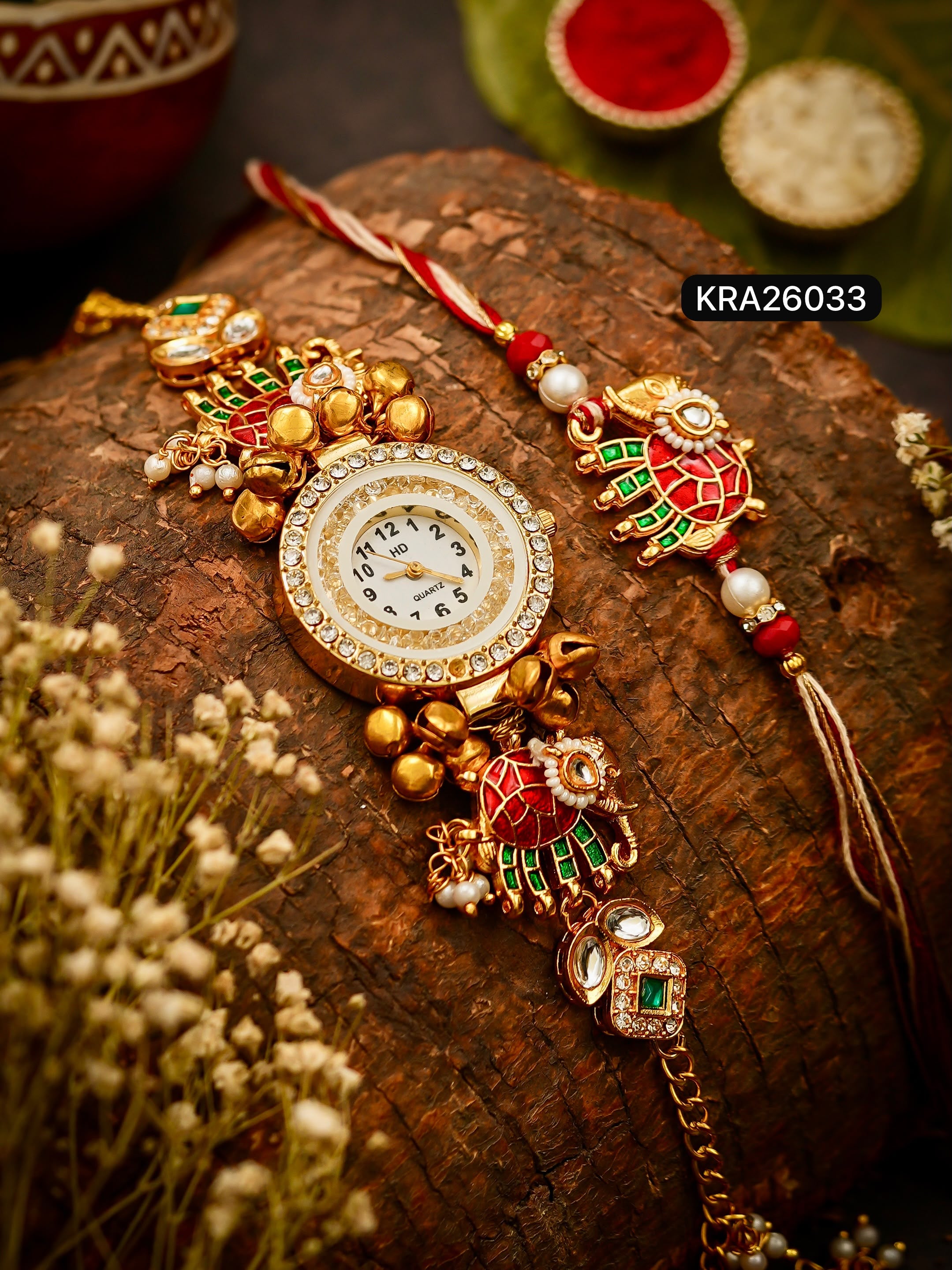 Bhai Rakhi & Bhabhi Meenakari Kundan Watch Bracelet Set (KRA26033)