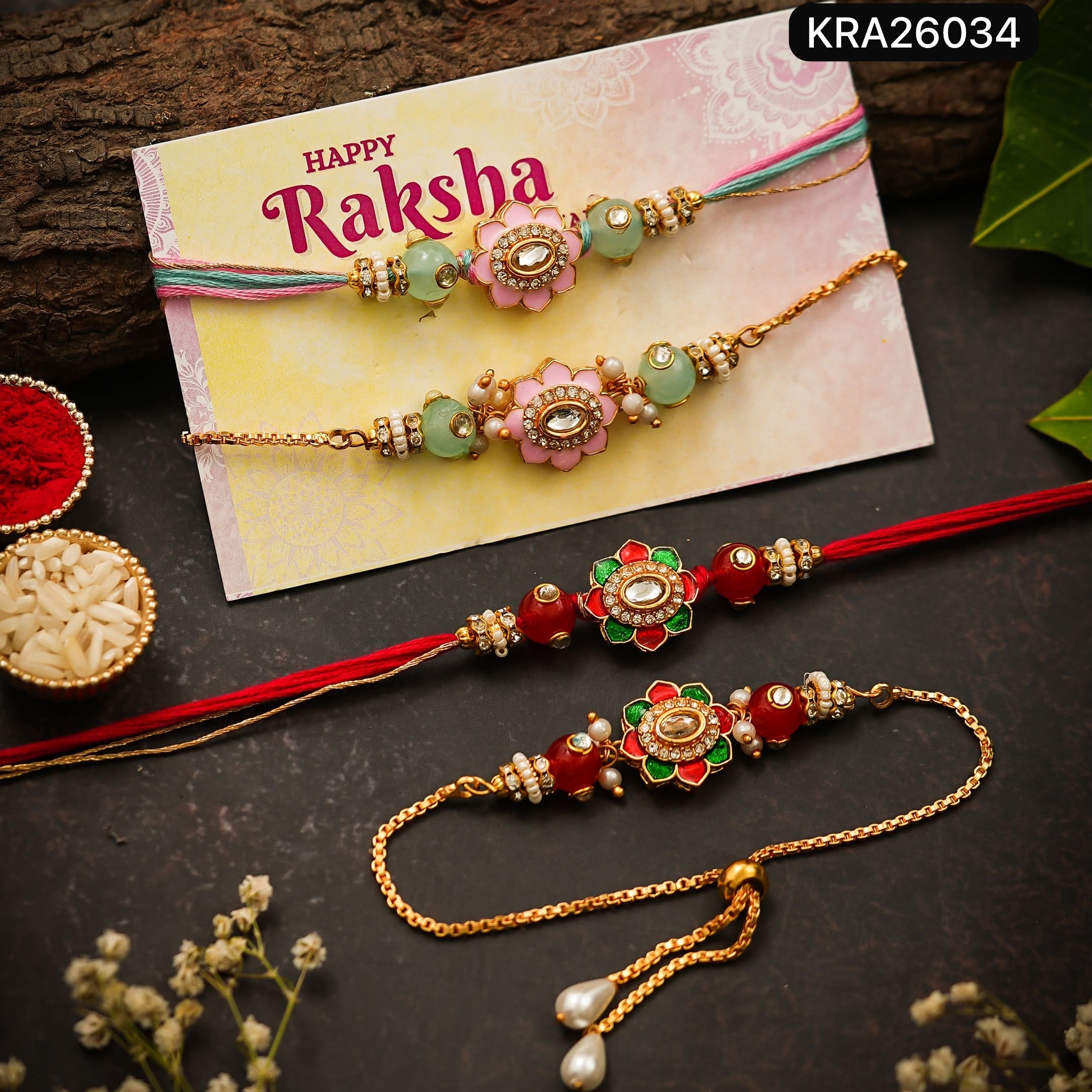Meenakari Kundan Rakhi & Bracelet Set (KRA26034)