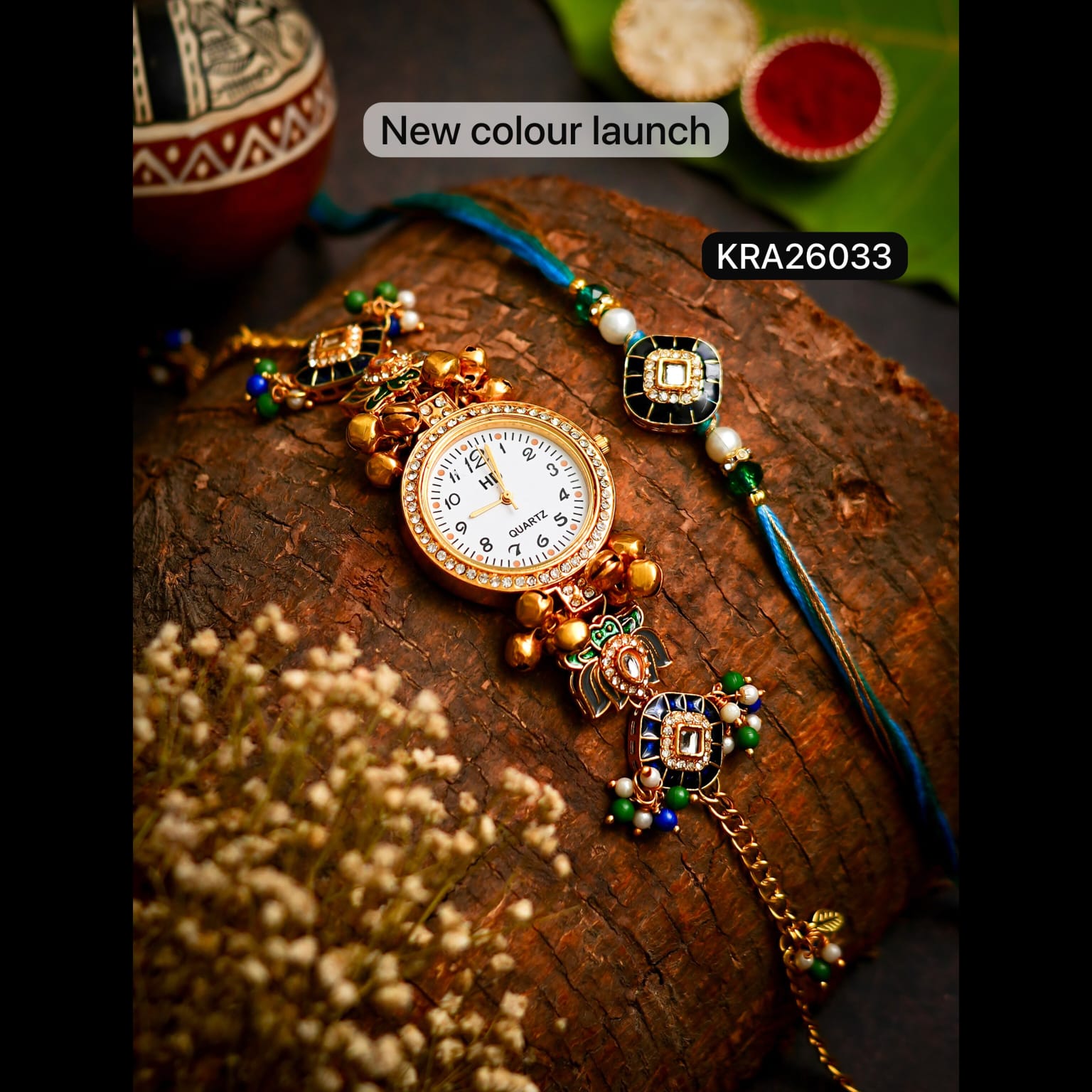 Bhai Rakhi & Bhabhi Meenakari Kundan Watch Bracelet Set (KRA26033)