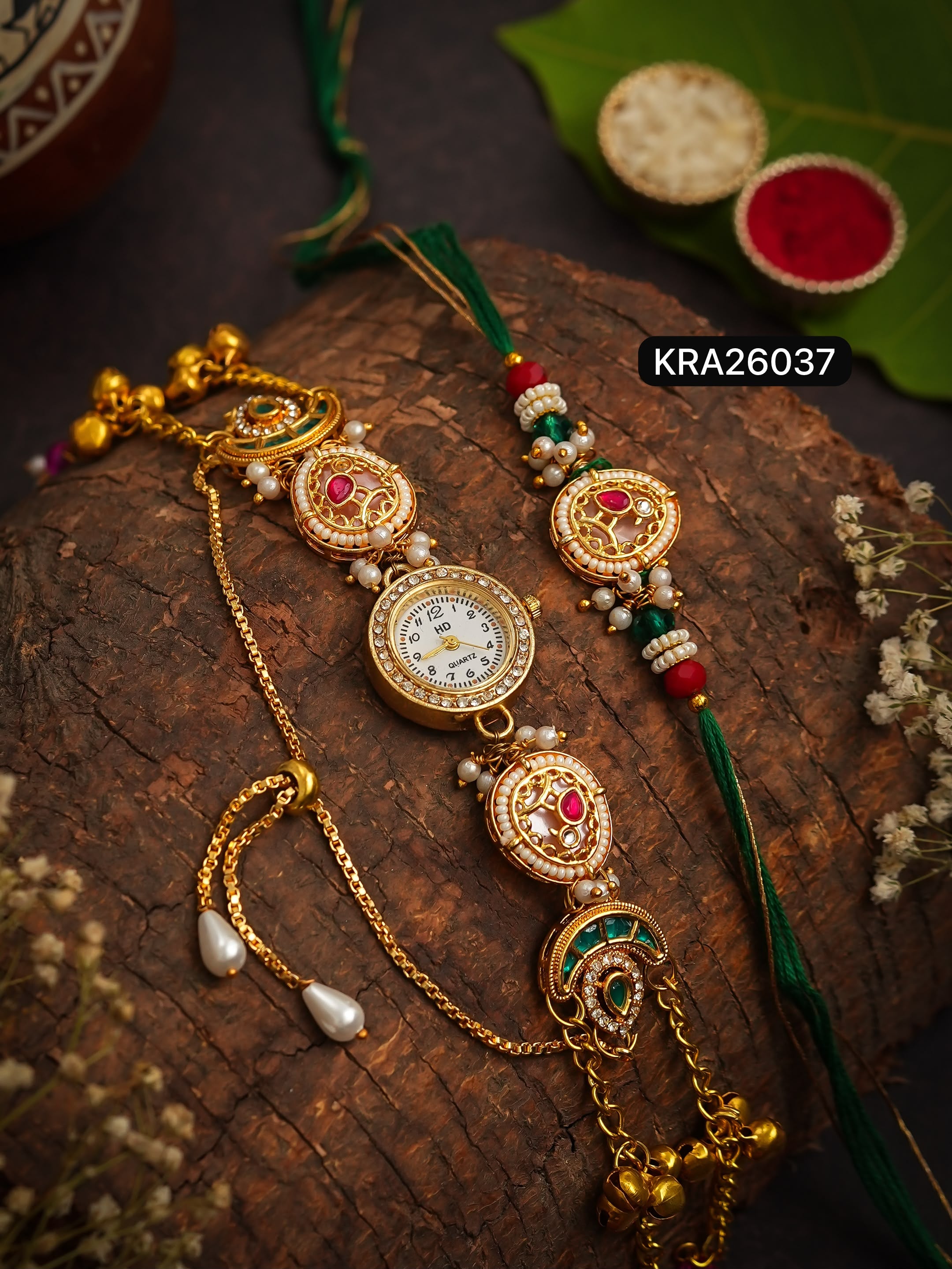 Bhai Rakhi & Bhabhi Meenakari Kundan Kashmiri Watch Bracelet Set (KRA26037)