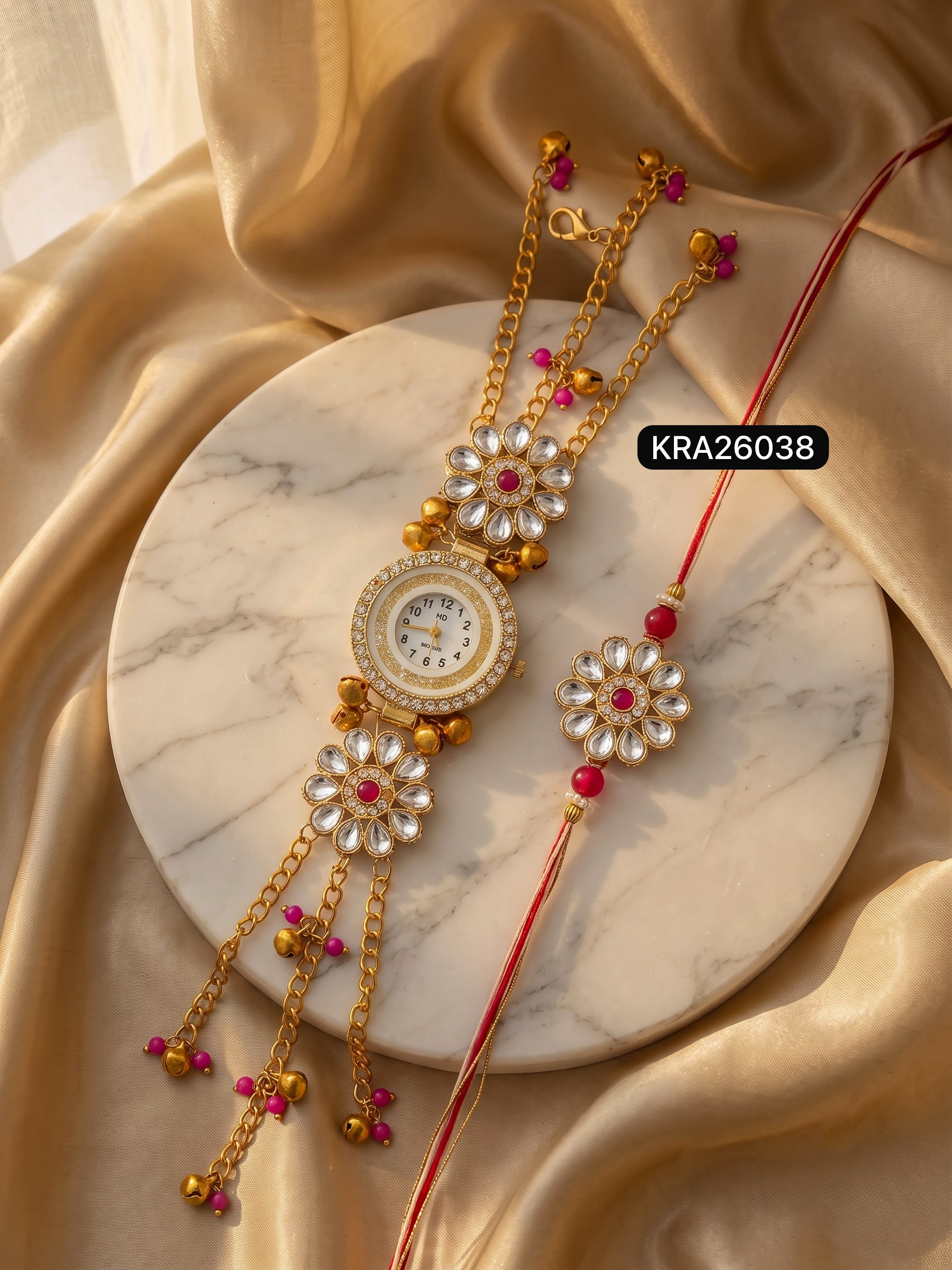 Bhai Rakhi & Bhabhi Kundan Kashmiri Watch Bracelet Set (KRA26038)