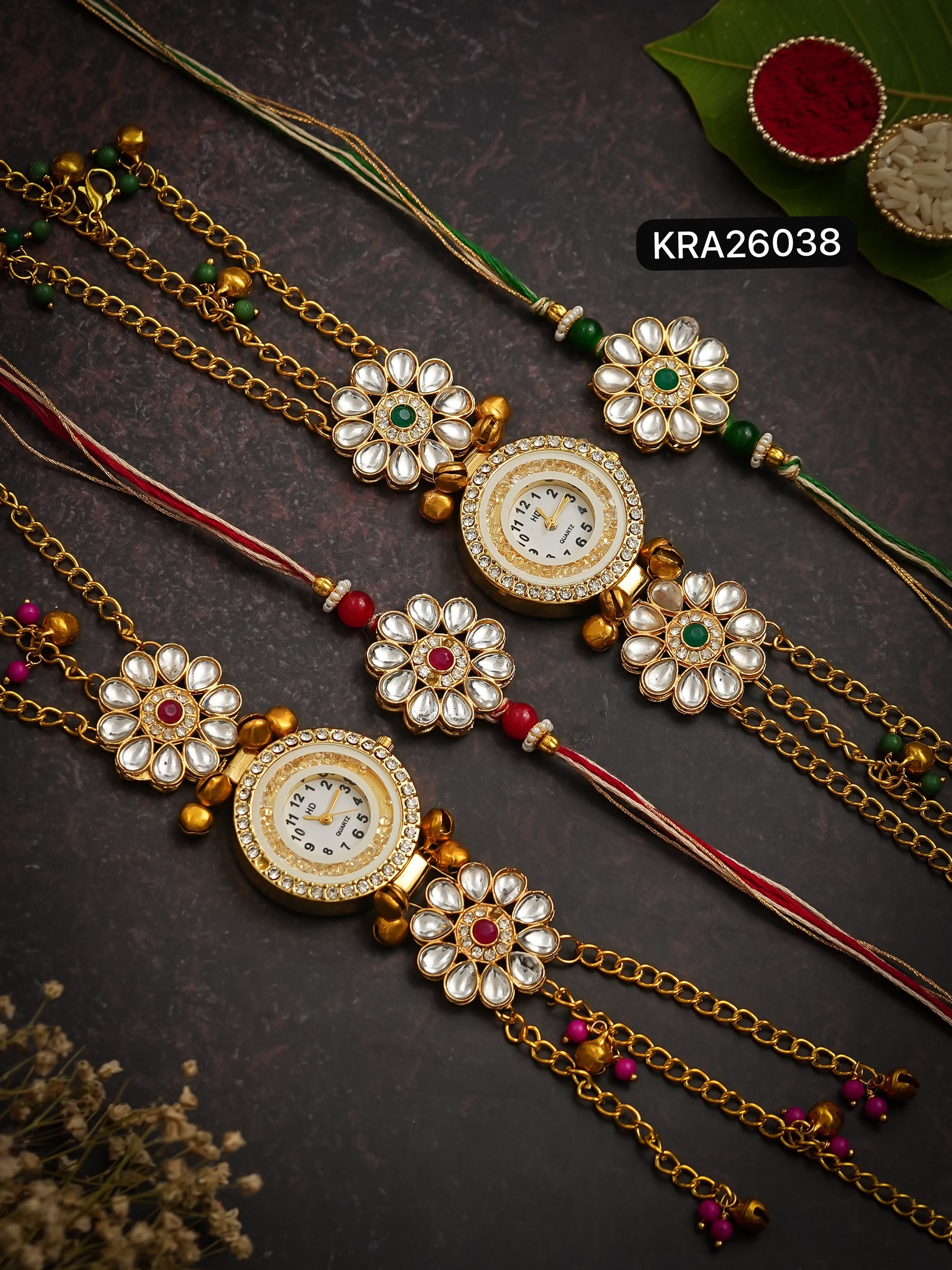Bhai Rakhi & Bhabhi Kundan Kashmiri Watch Bracelet Set (KRA26038)