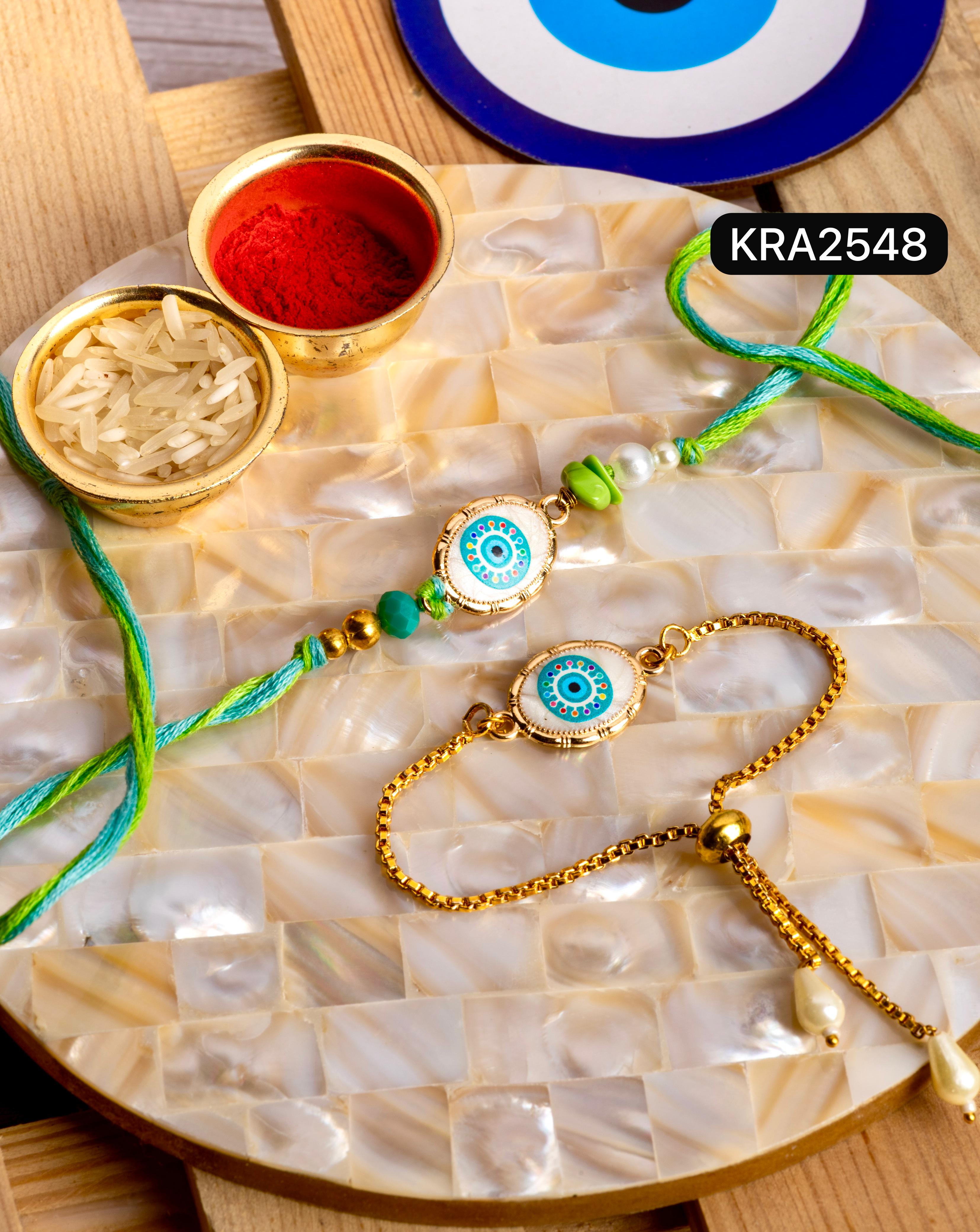 Mother Of Pearl Evil Eye Rakhi & Bracelet Set (KRA2548)