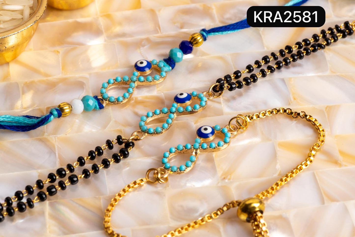 Evil Eye Infinity Rakhi & Bracelet Set With Colored Stones (KRA2581)
