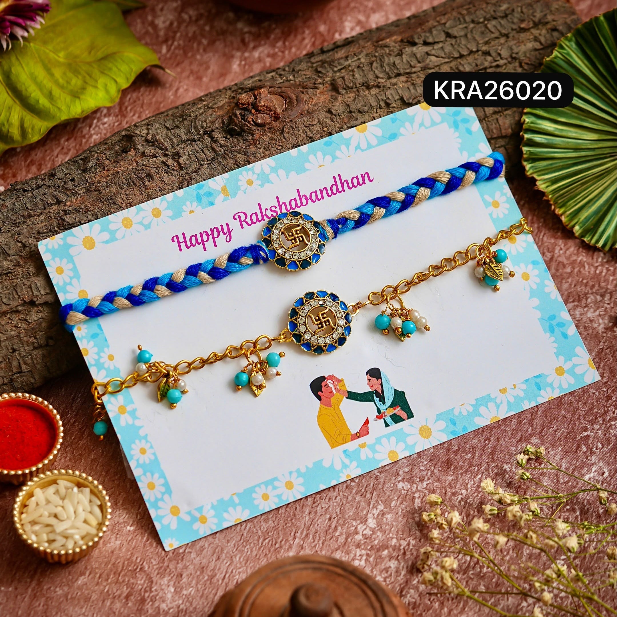 Meenakari Sakhiya Hand Braided Bhai Bhabhi Rakhi & Bracelet Set (KRA26020)