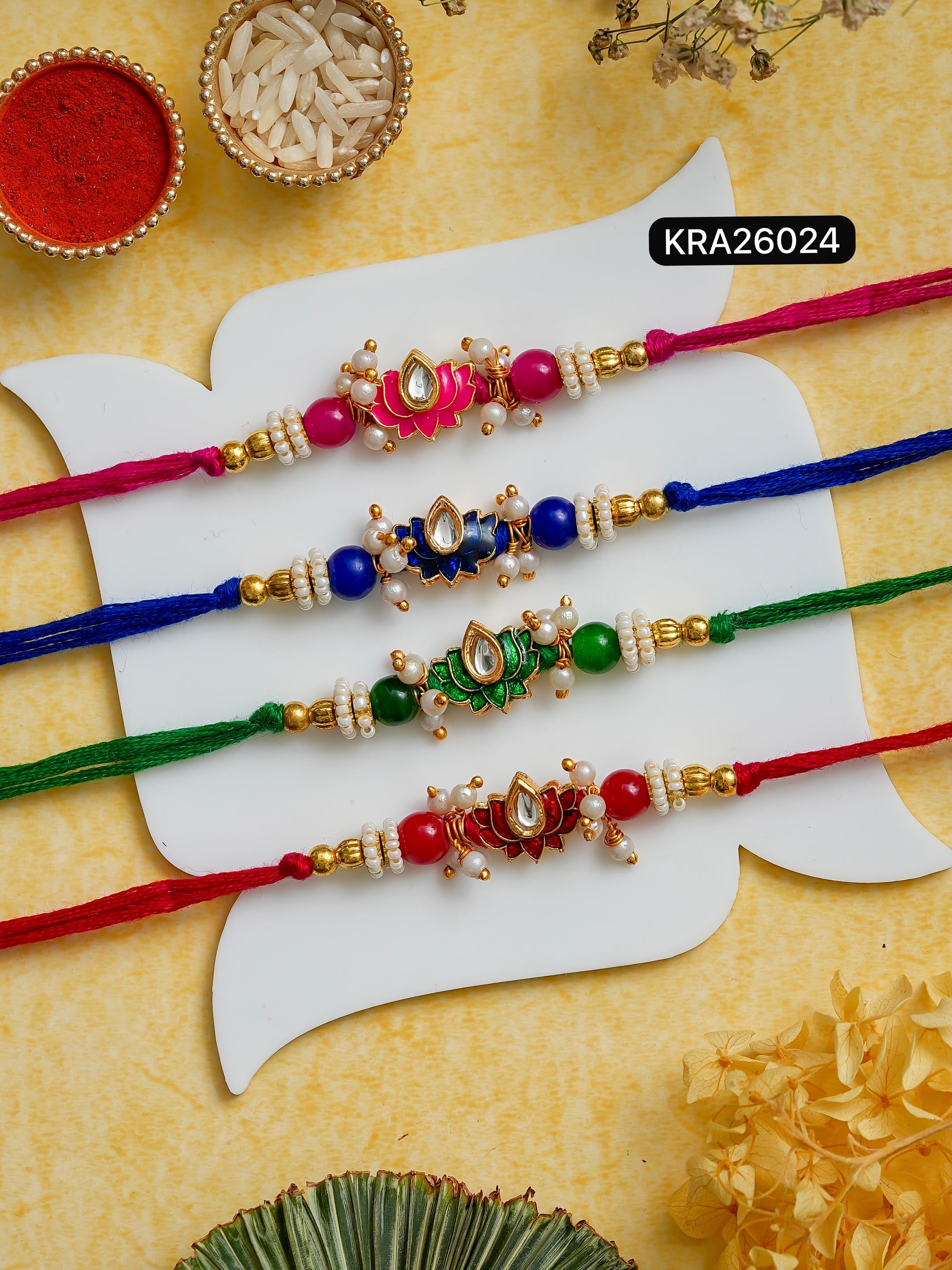 Minimal Kundan Meenakari Lotus Rakhi Set (KRA26024)