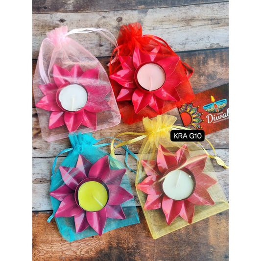 Metal Lotus T-light Holder in Gift Potli (KRA G10) (Set of 4)