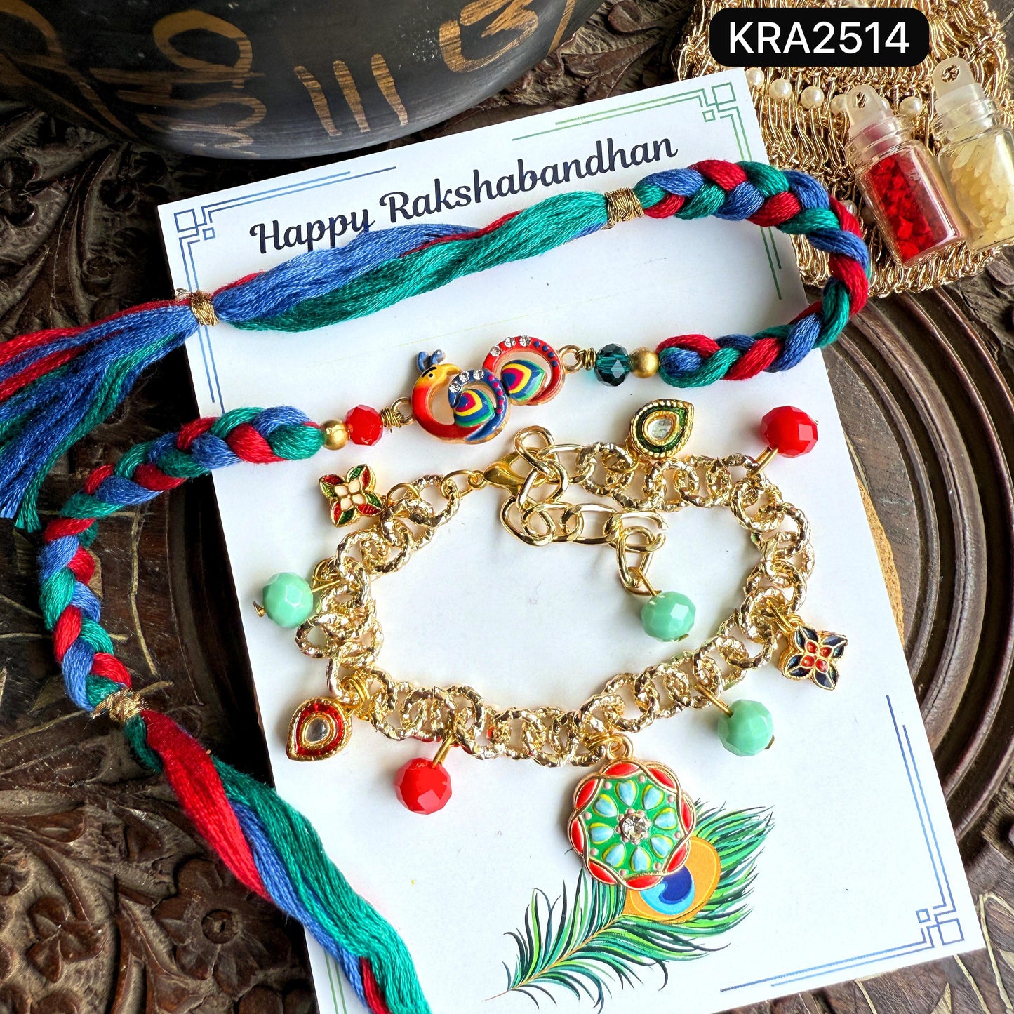 Designer Hand Braided Rakhi & Bracelet Set (KRA2514)