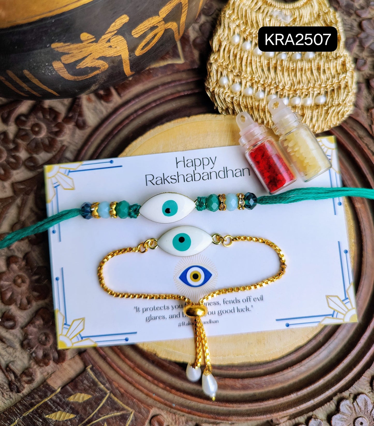 Colorful Evil Eye Rakhi & Bracelet Set (KRA2507)