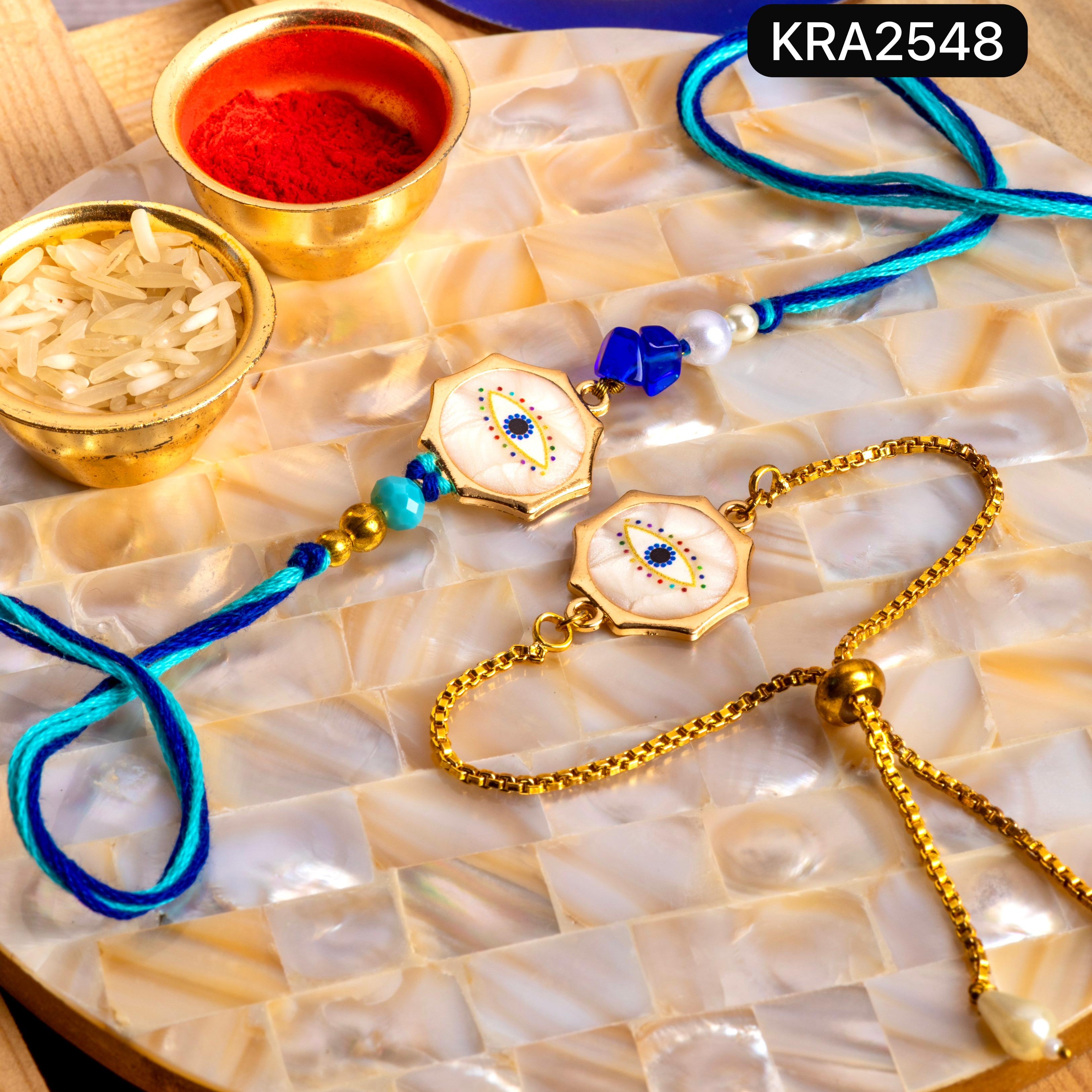 Mother Of Pearl Evil Eye Rakhi & Bracelet Set (KRA2548)