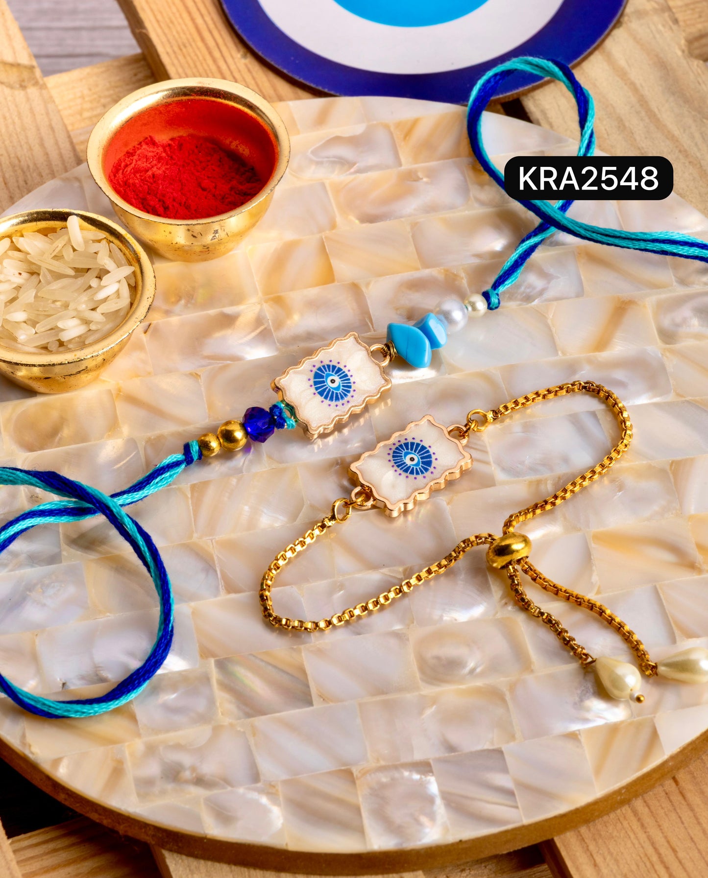 Mother Of Pearl Evil Eye Rakhi & Bracelet Set (KRA2548)