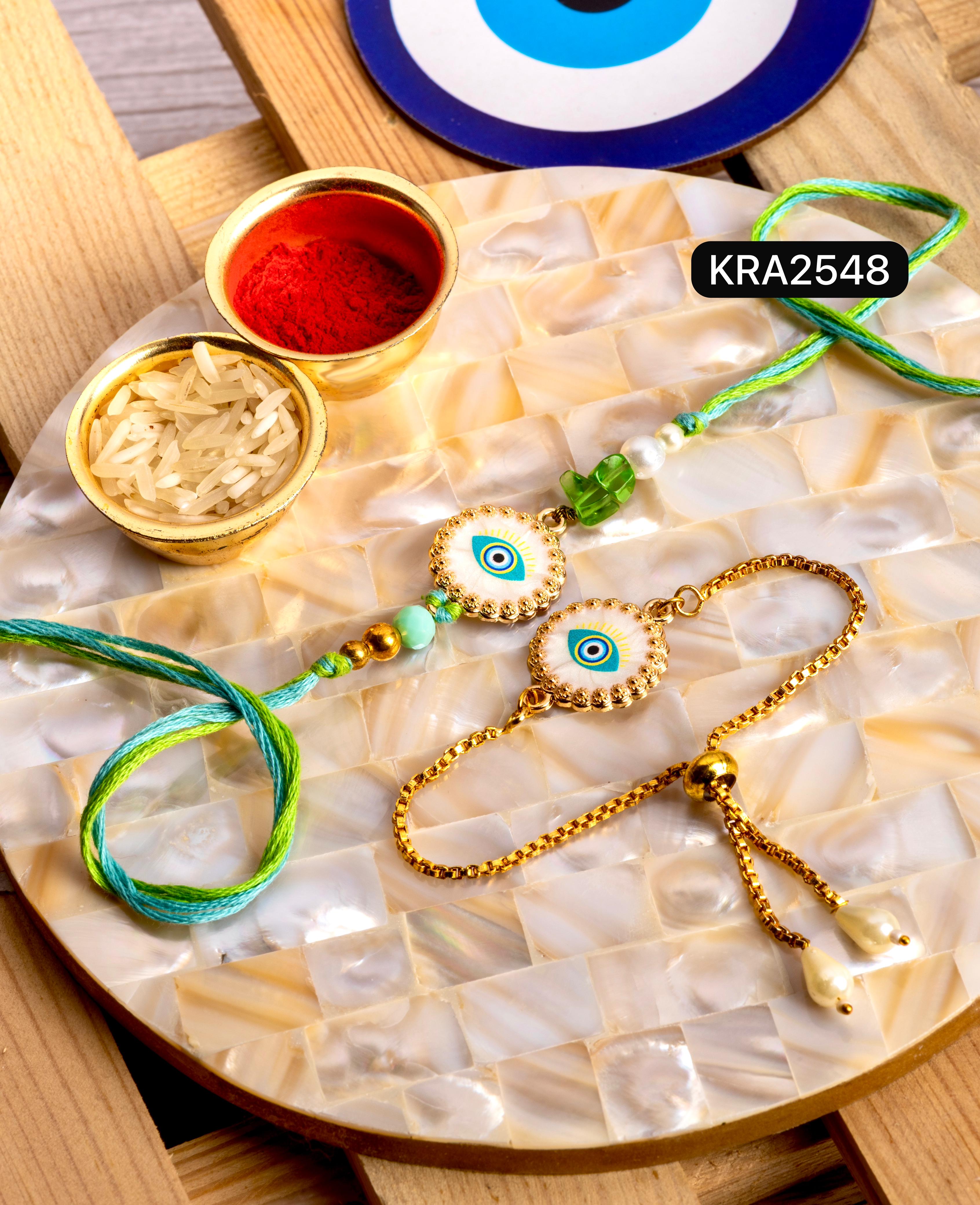 Mother Of Pearl Evil Eye Rakhi & Bracelet Set (KRA2548)