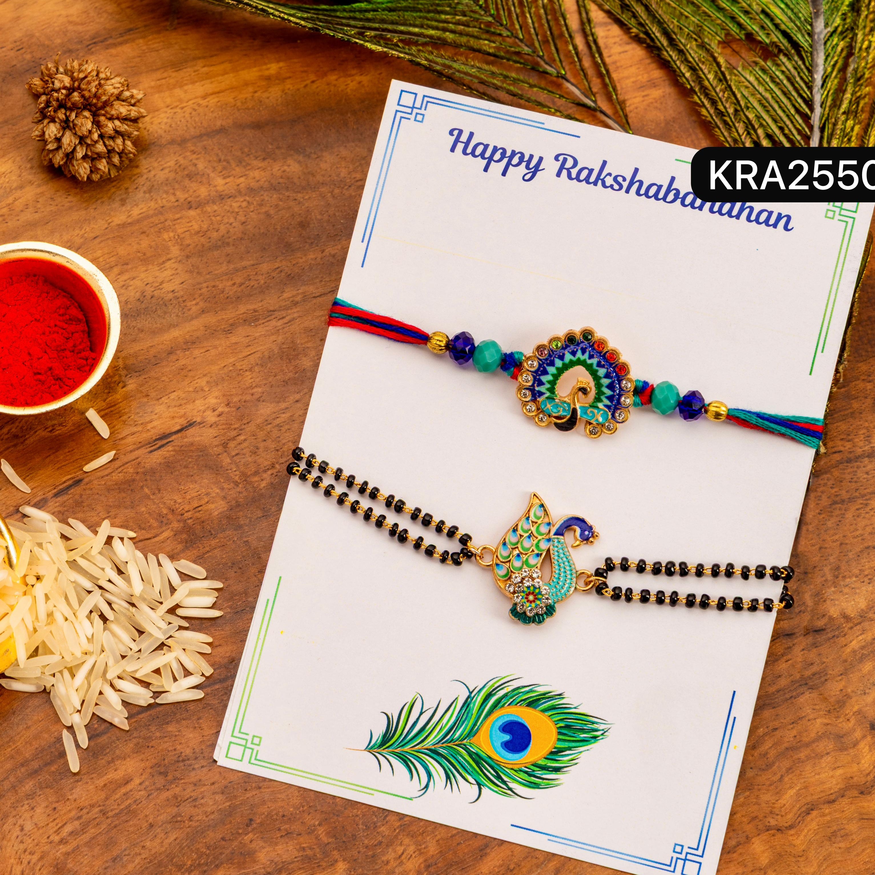 Peacock Meenakari Stones Work Bhai Rakhi & Bracelet Set For Bhabhi (KRA2550)