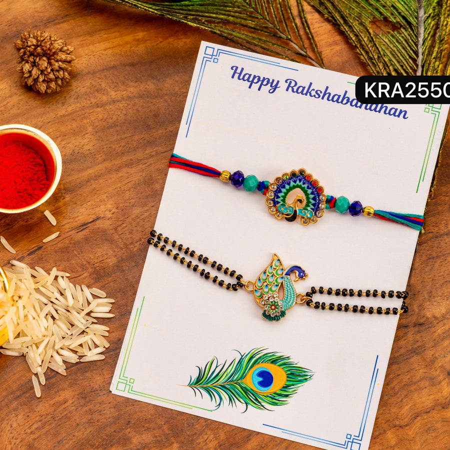 Peacock Meenakari Stones Work Bhai Rakhi & Bracelet Set For Bhabhi (KRA2550)