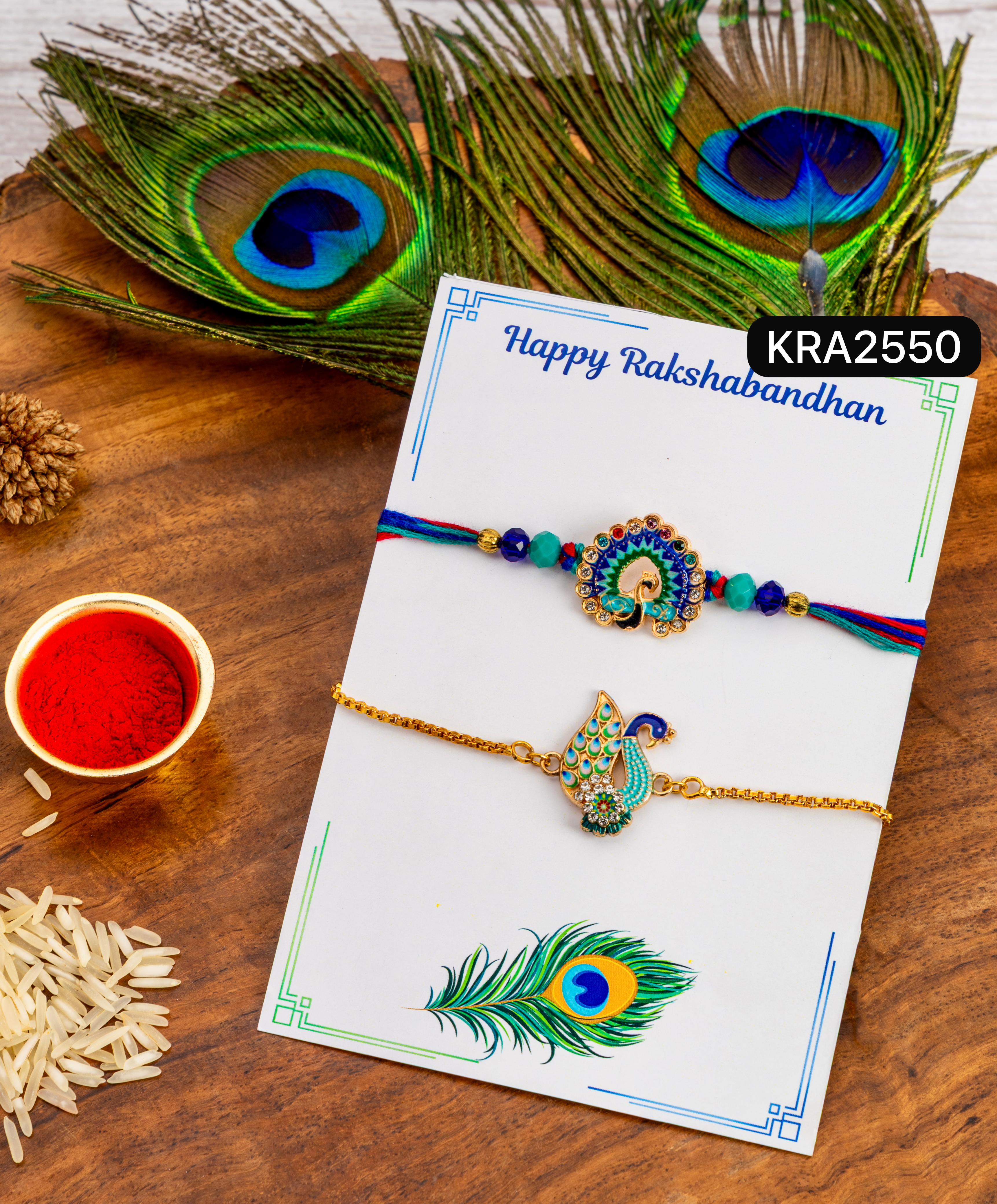 Peacock Meenakari Stones Work Bhai Rakhi & Bracelet Set For Bhabhi (KRA2550)